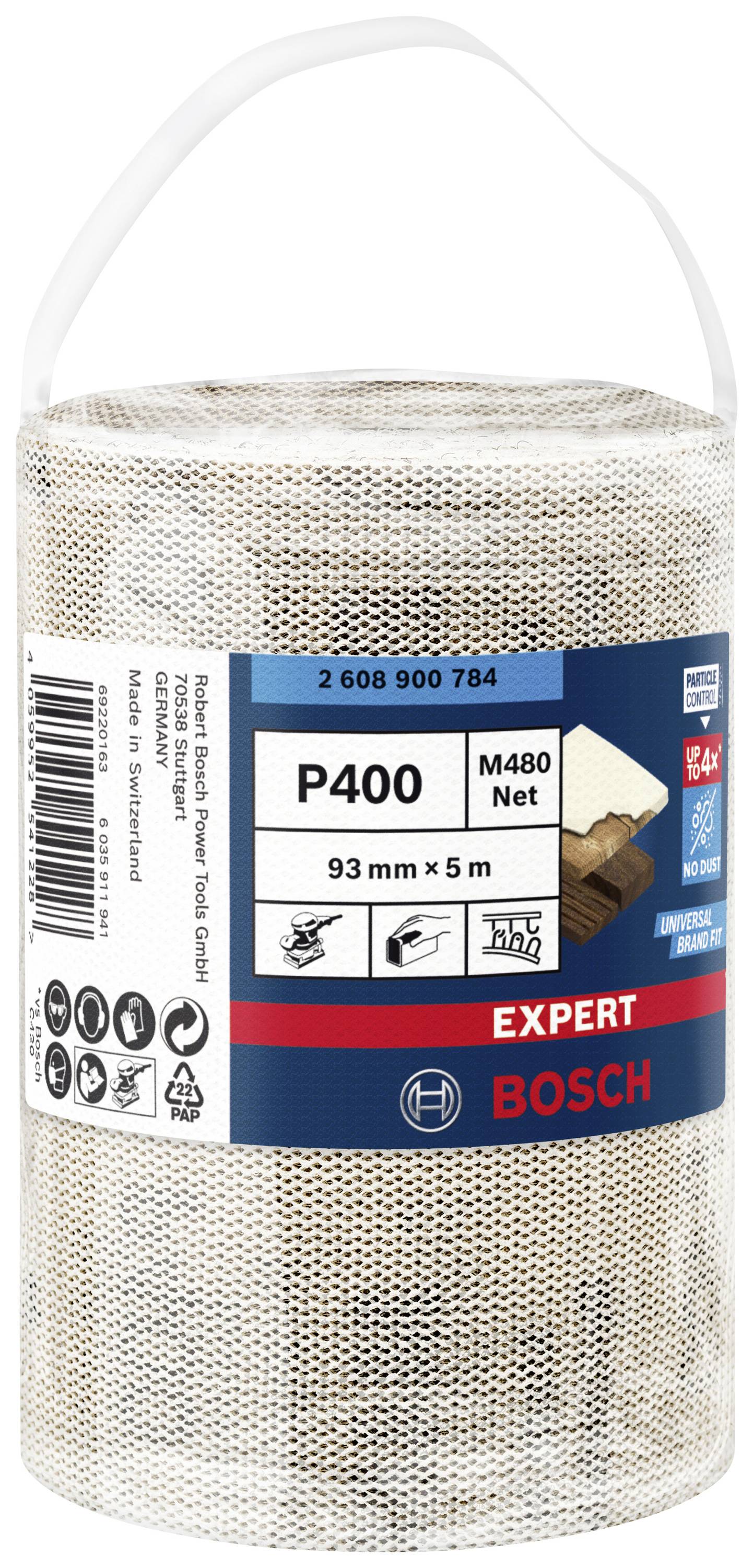 Schleifnetzrolle von Bosch, Expert P400 M480, geeignet zum Schleifen von Holz, 93 mm x 5 m, Verpackung abgebildet.