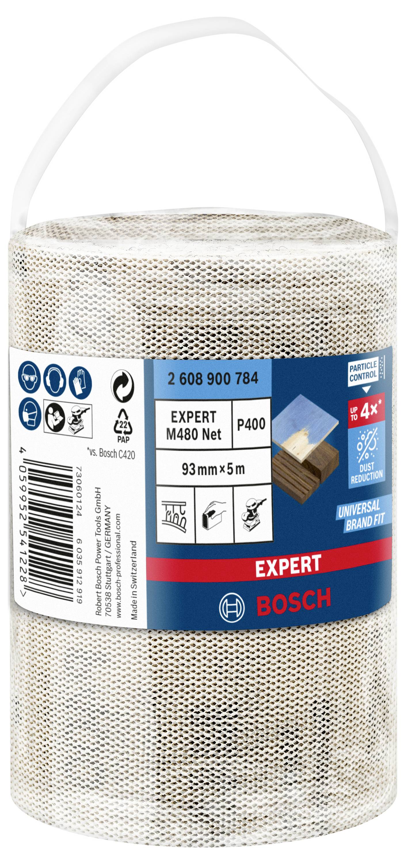 'Bosch Schleifnetzrolle Expert M480' mit den Maßen 93mm x 5m und Körnung P400. Verpackung zeigt Anwendungsmöglichkeiten.