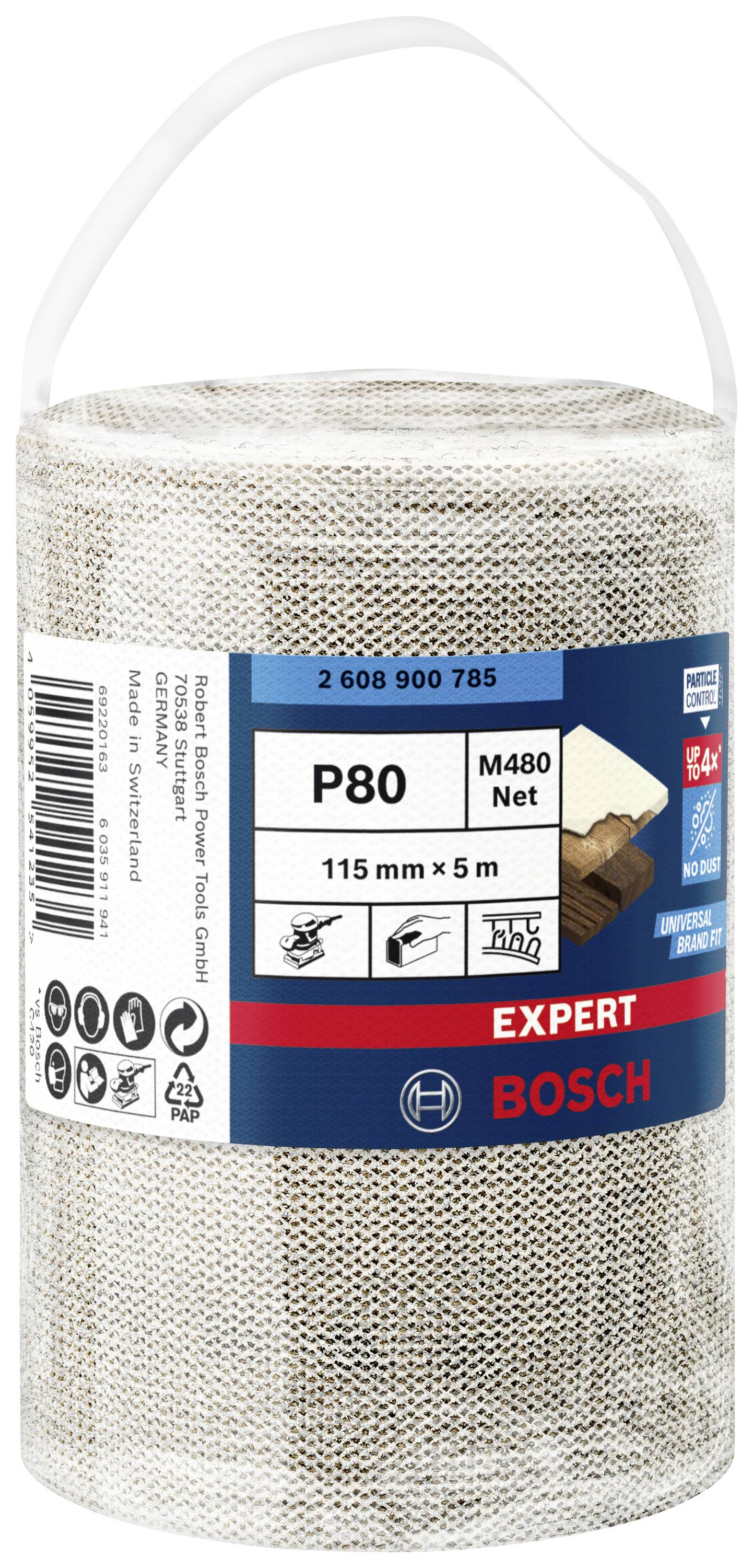 Eine Rolle Schleifpapier mit Körnung P80, Marke Bosch, geeignet für 115 mm x 5 m, für Holz und Farbe. Verpackung zeigt Produktinformationen und Symbole.