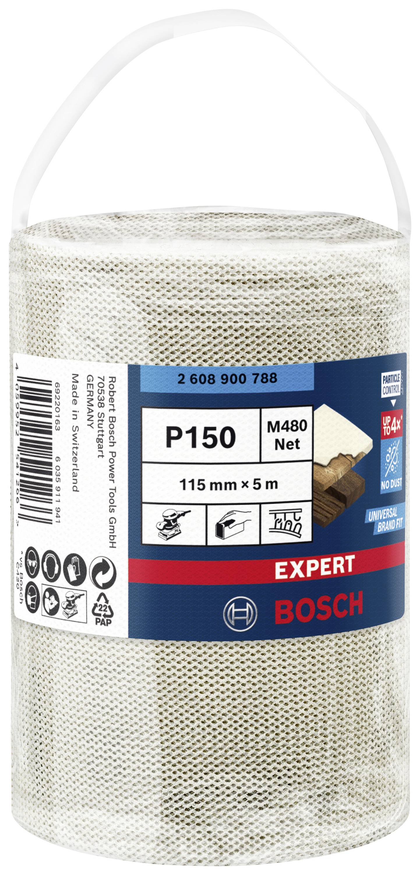 Schleifgewebe-Rolle 'Bosch Expert' P150, 115 mm x 5 m. Geeignet für Holz und Farbe. Enthält Produktinformationen und Symbole.
