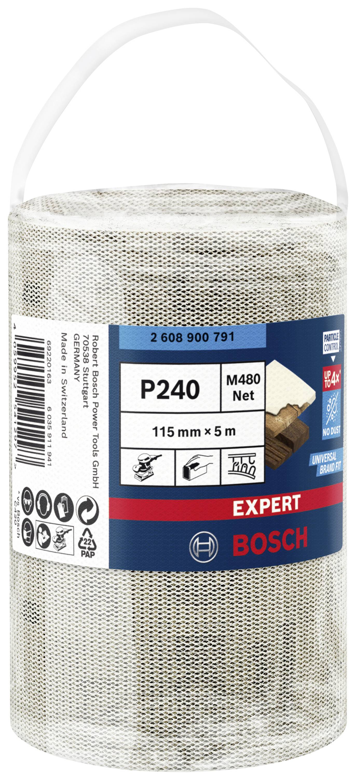 Eine Rolle Schleifnetz P240 von Bosch, 115 mm Breite und 5 m Länge. Verpackung zeigt Details wie Material und Anwendungsbereiche.