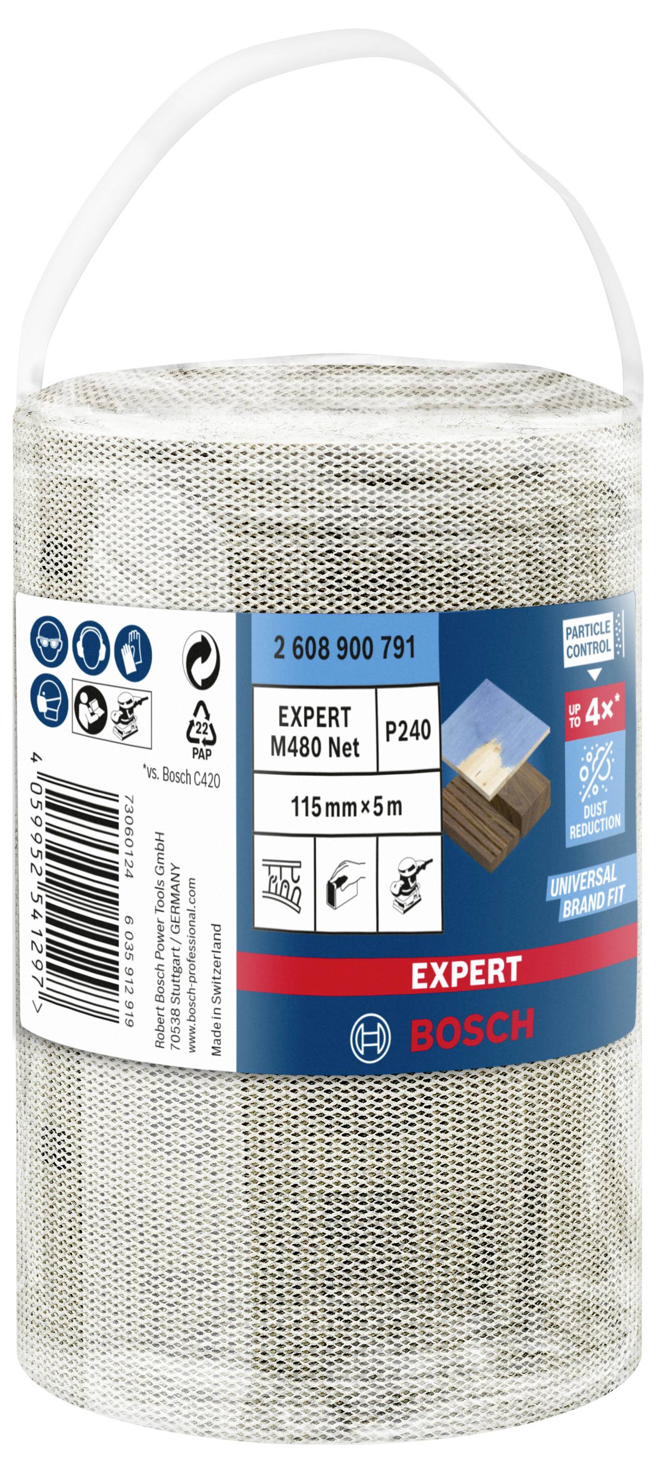 Schleifnetzrolle von Bosch 'Expert M480' mit 115 mm x 5 m und P240 Körnung. Für universelle Anwendungen und 4x längere Lebensdauer.