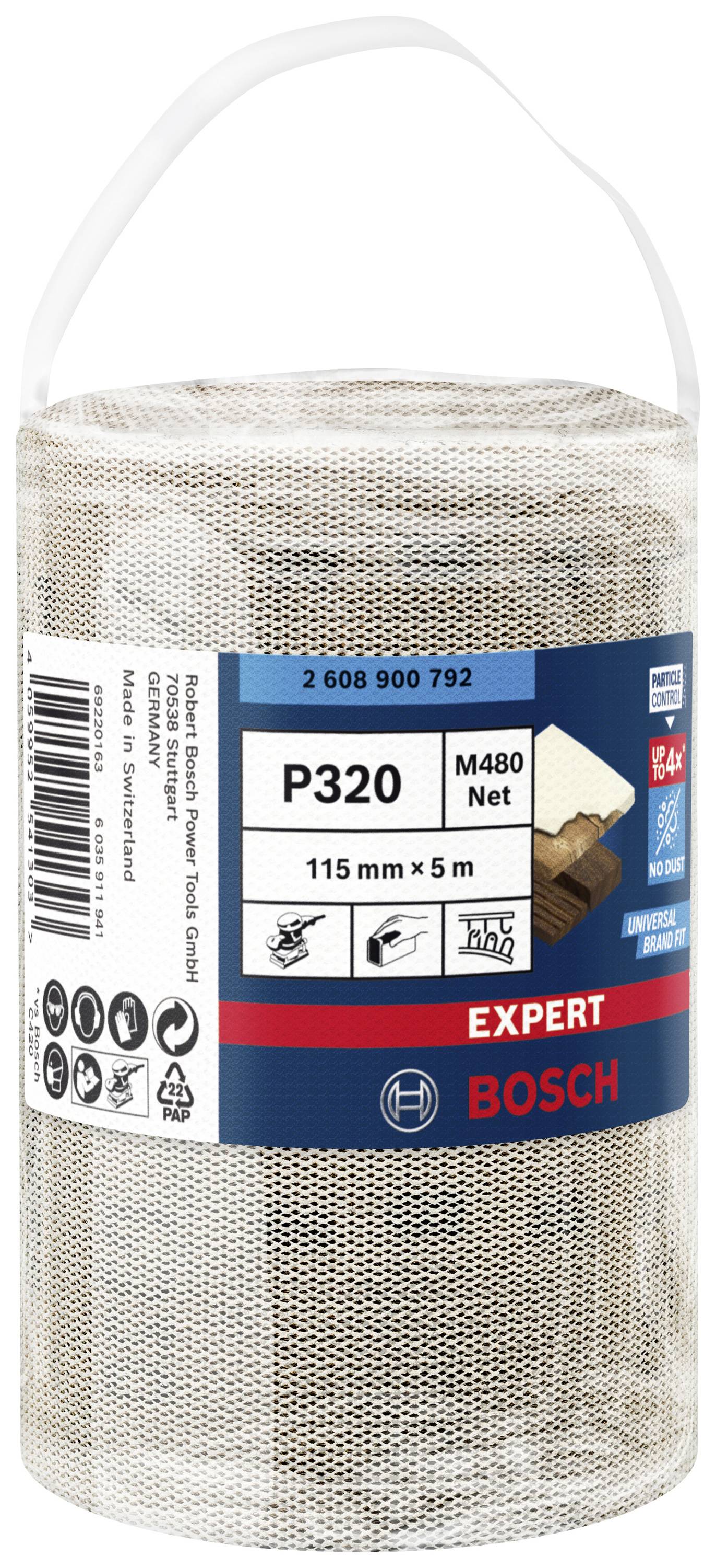 Eine Rolle Schleifnetz von Bosch, Modell 'P320 M480 Net', 115 mm Breite und 5 m Länge, verpackt in einer transparenten Hülle.