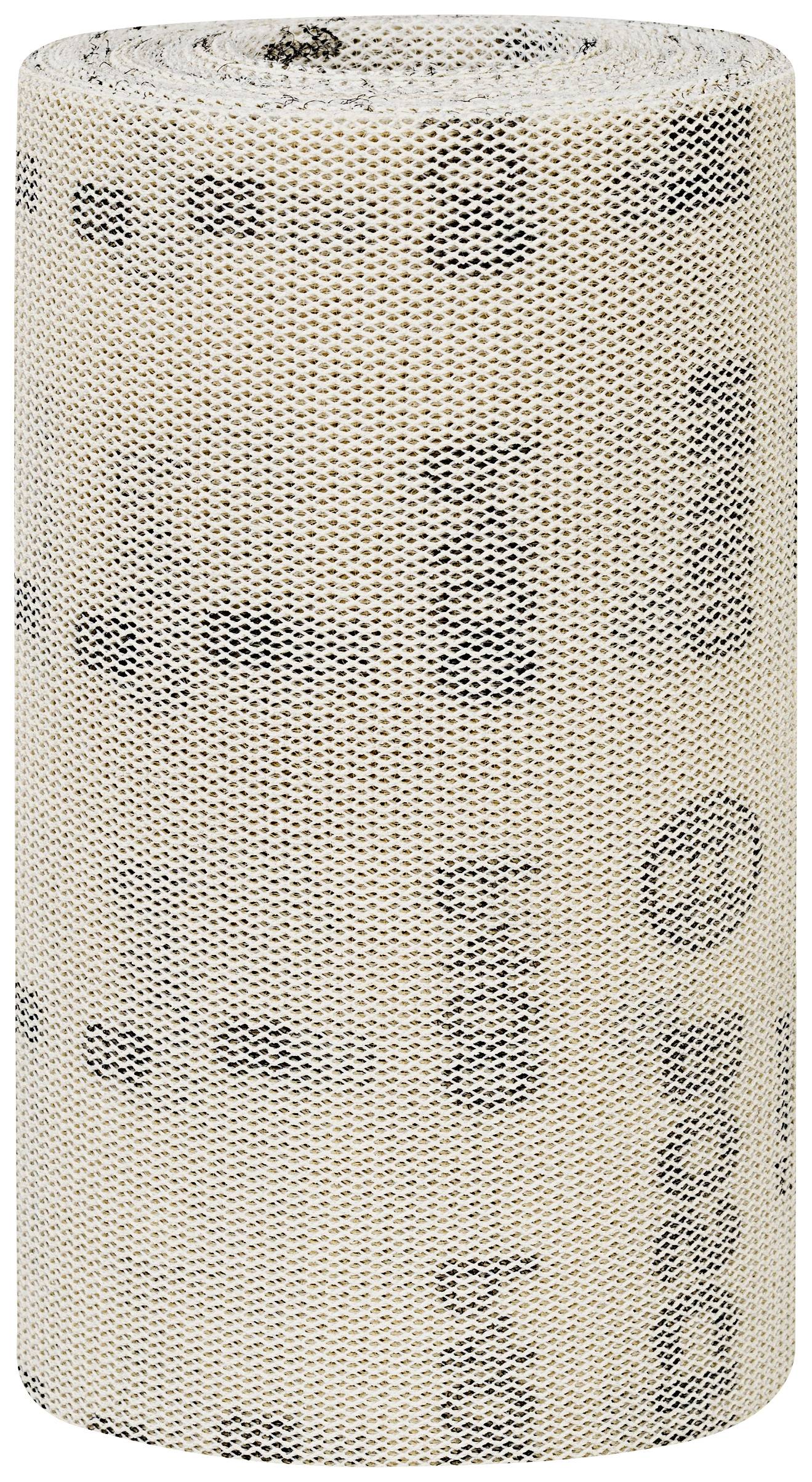 Eine beige, texturierte Rolle, die aufrecht steht und gemusterte schwarze Zahlen und Symbole zeigt.