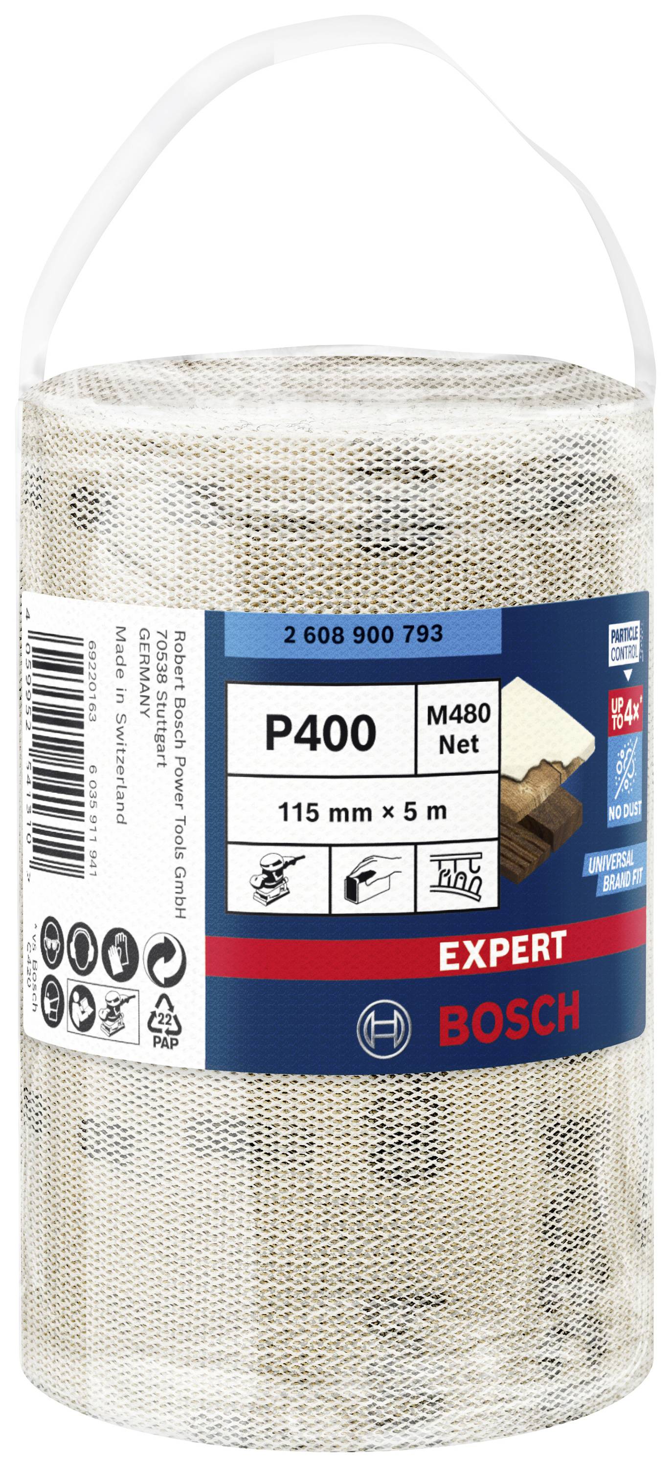 Eine Rolle Schleifnetz mit Beschriftung 'P400', 'M480 Net', '115 mm x 5 m', von der Marke Bosch, geeignet für Holz.