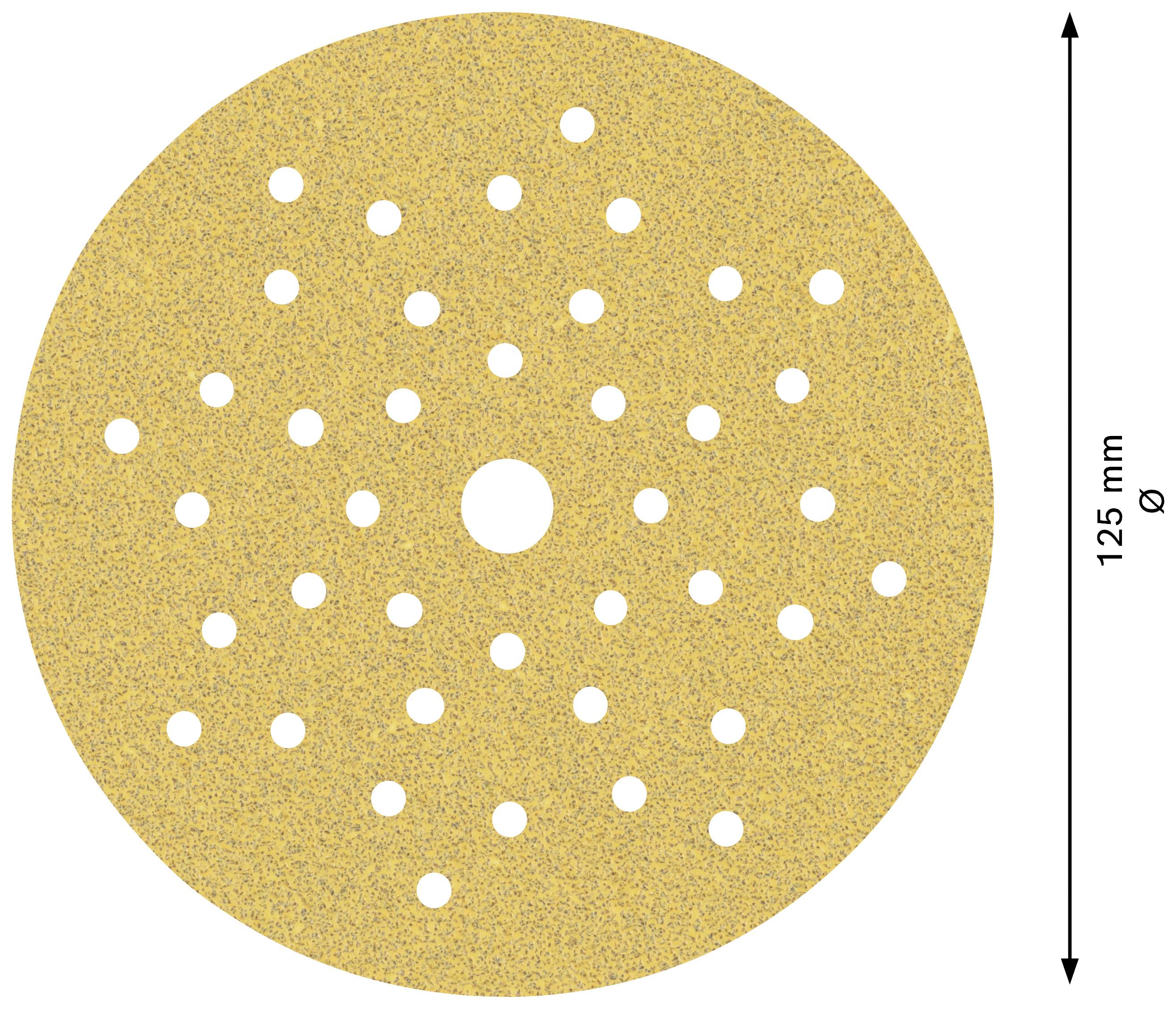 Rundes, gelbes Schleifpapier mit mehreren Löchern, hat einen Durchmesser von 125 mm.