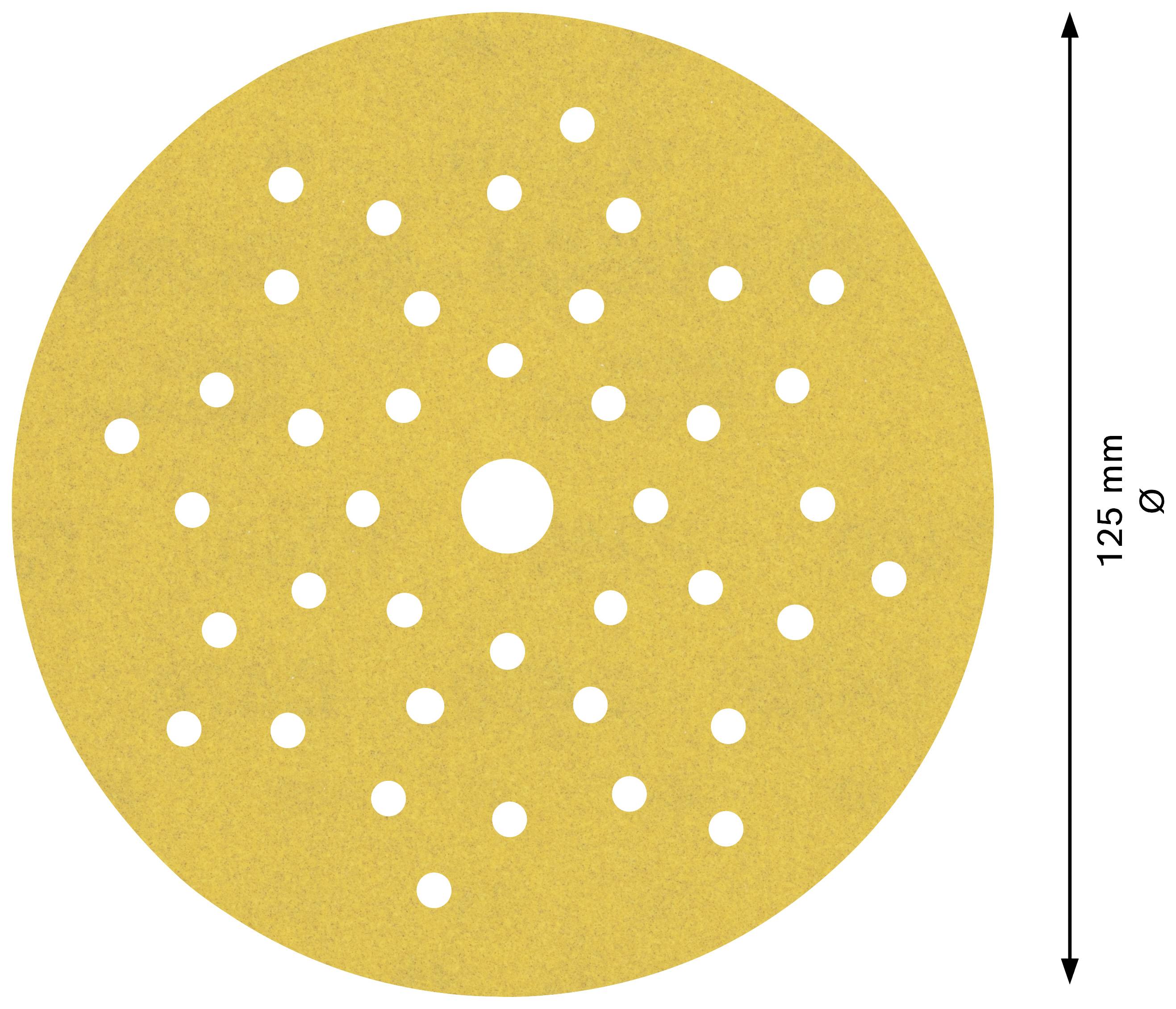 Scheibenförmiges Schleifpapier mit zahlreichen Löchern, Durchmesser 125 mm.