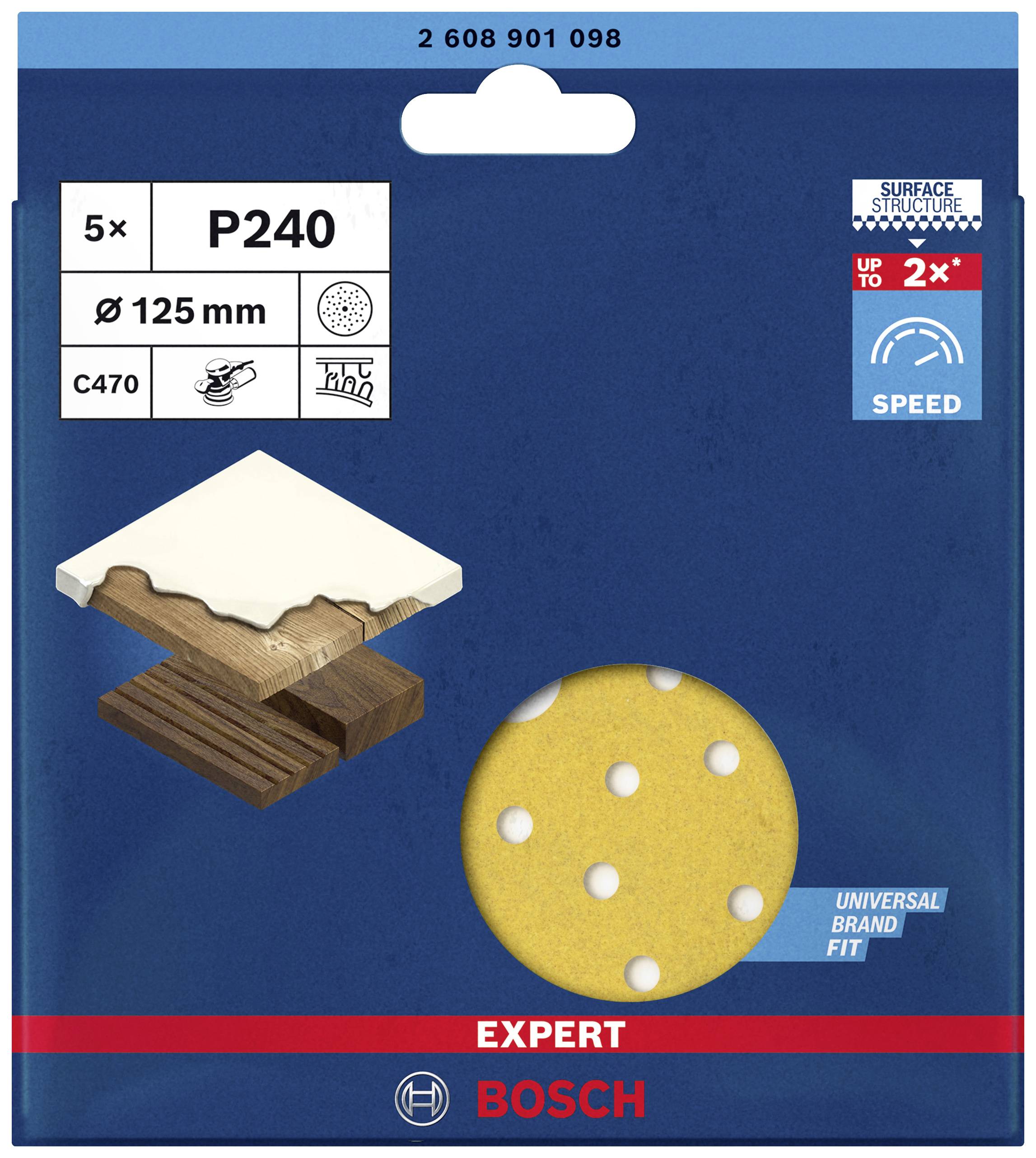 'Bosch Schleifpapier P240', 5 Stück, rund, 125 mm Durchmesser, geeignet für Holz/Möbel, universelle Passform, erhöhte Schleifleistung.