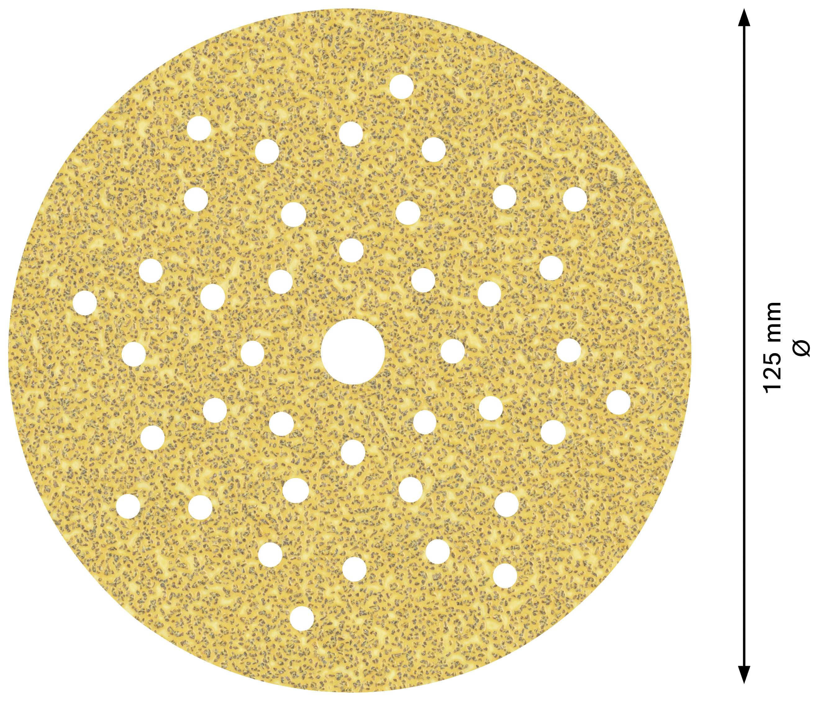 Eine runde, gelbe Schleifscheibe mit zahlreichen Löchern, 125 mm Durchmesser.