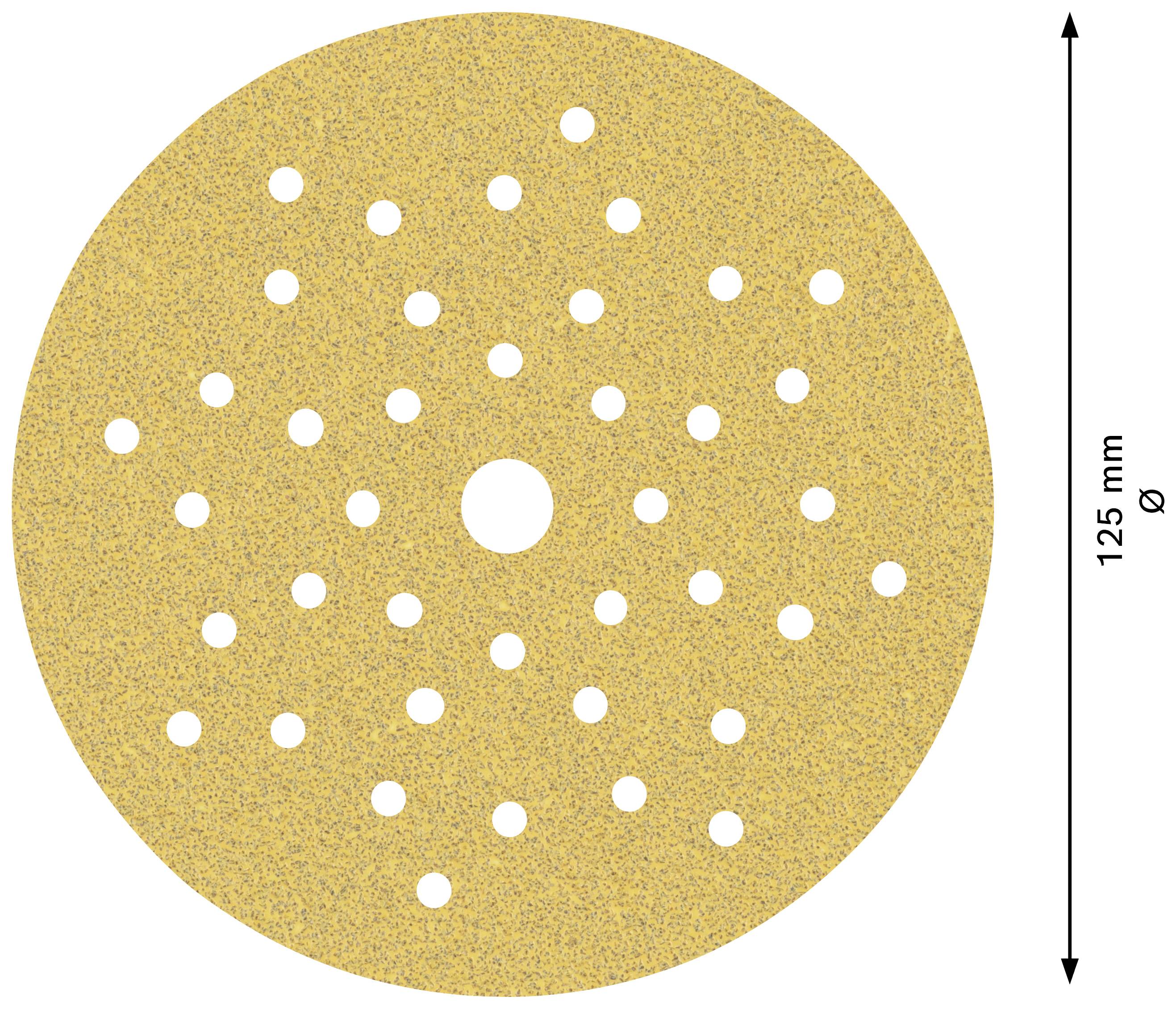 Ein rundes Schleifpapier mit vielen kleinen Löchern, 125 mm Durchmesser.