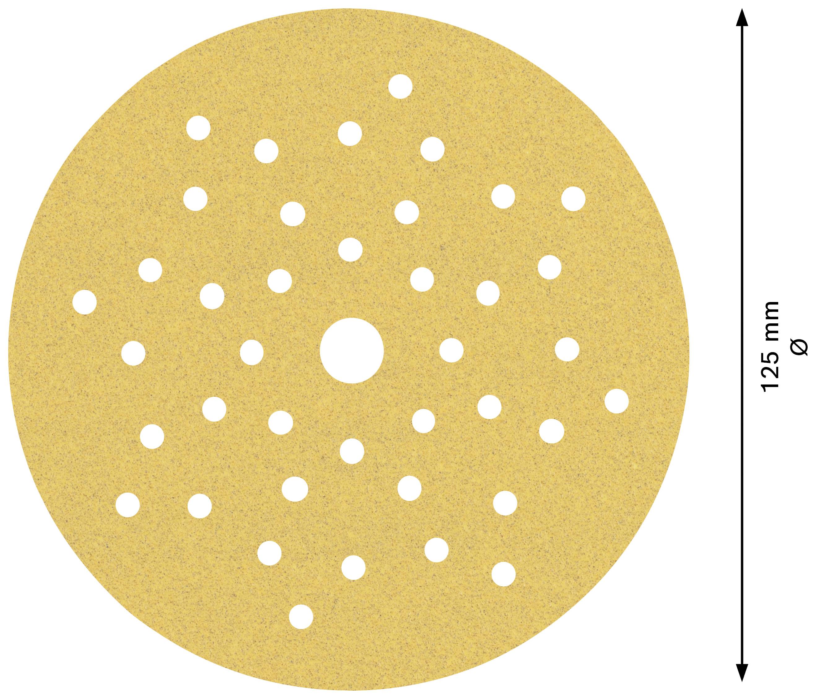 Eine runde Schleifscheibe mit vielen Löchern gleichmäßig verteilt, Durchmesserangabe 125 mm, in gelber Farbe.