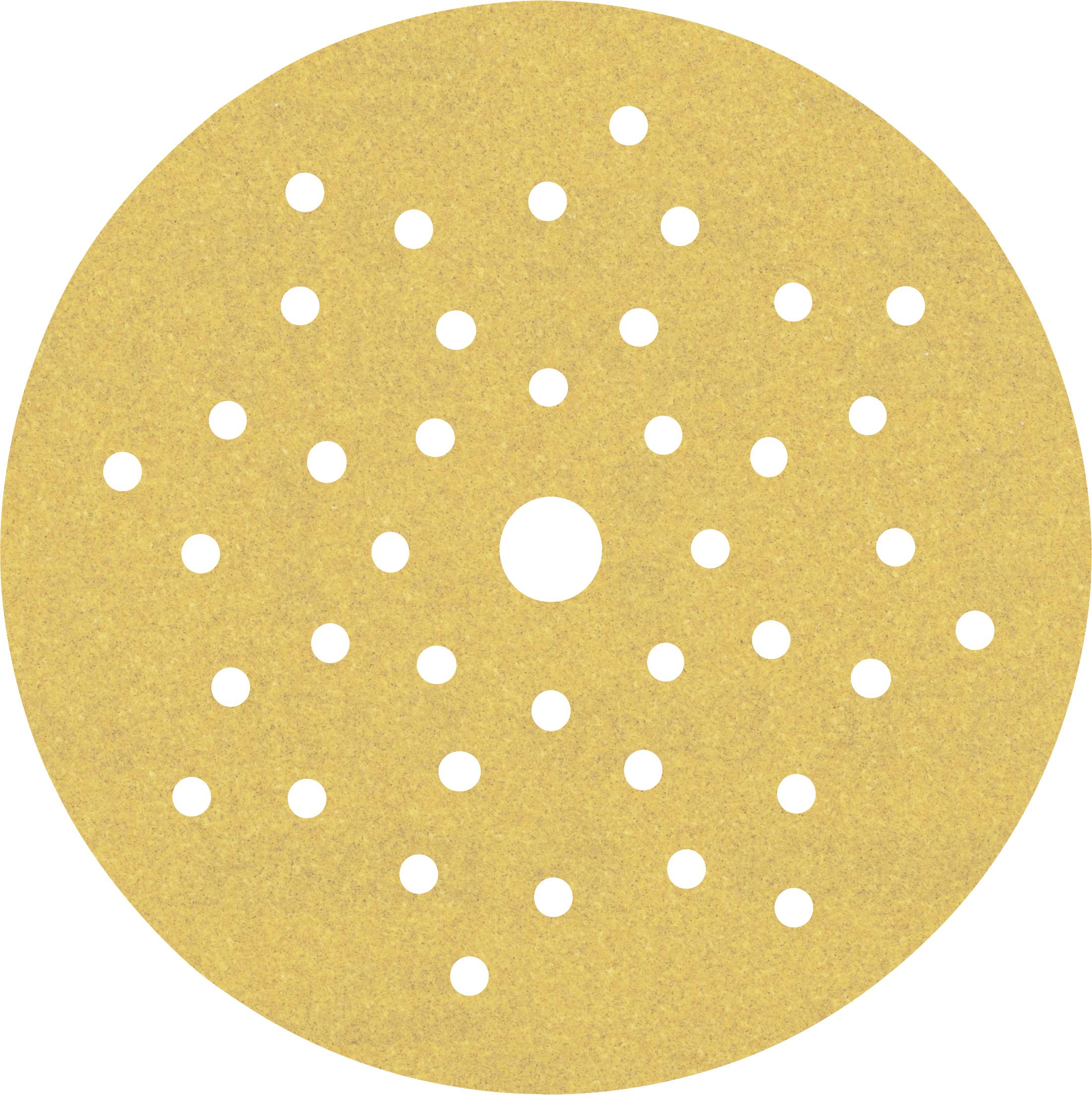 Runde Schleifscheibe mit vielen kleinen Löchern und einem großen mittigen Loch, auf braunem Hintergrund.