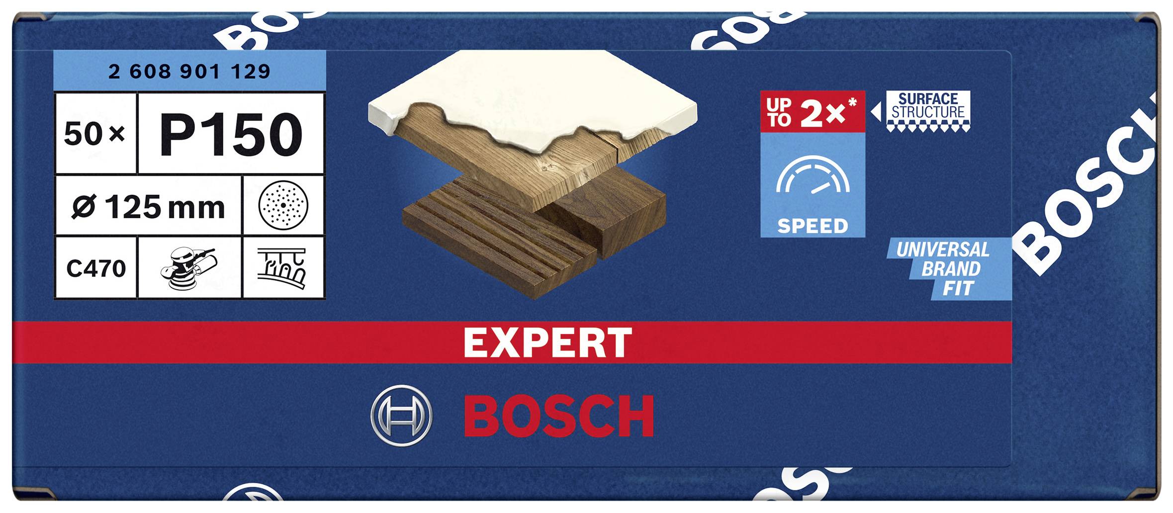 Produktverpackung von Bosch Schleifpapier P150 für Holz, 50 Stück, 125 mm Durchmesser. Zeigt Anwendung auf Holz und Merkmale wie Schnelligkeit und Oberflächenqualität.