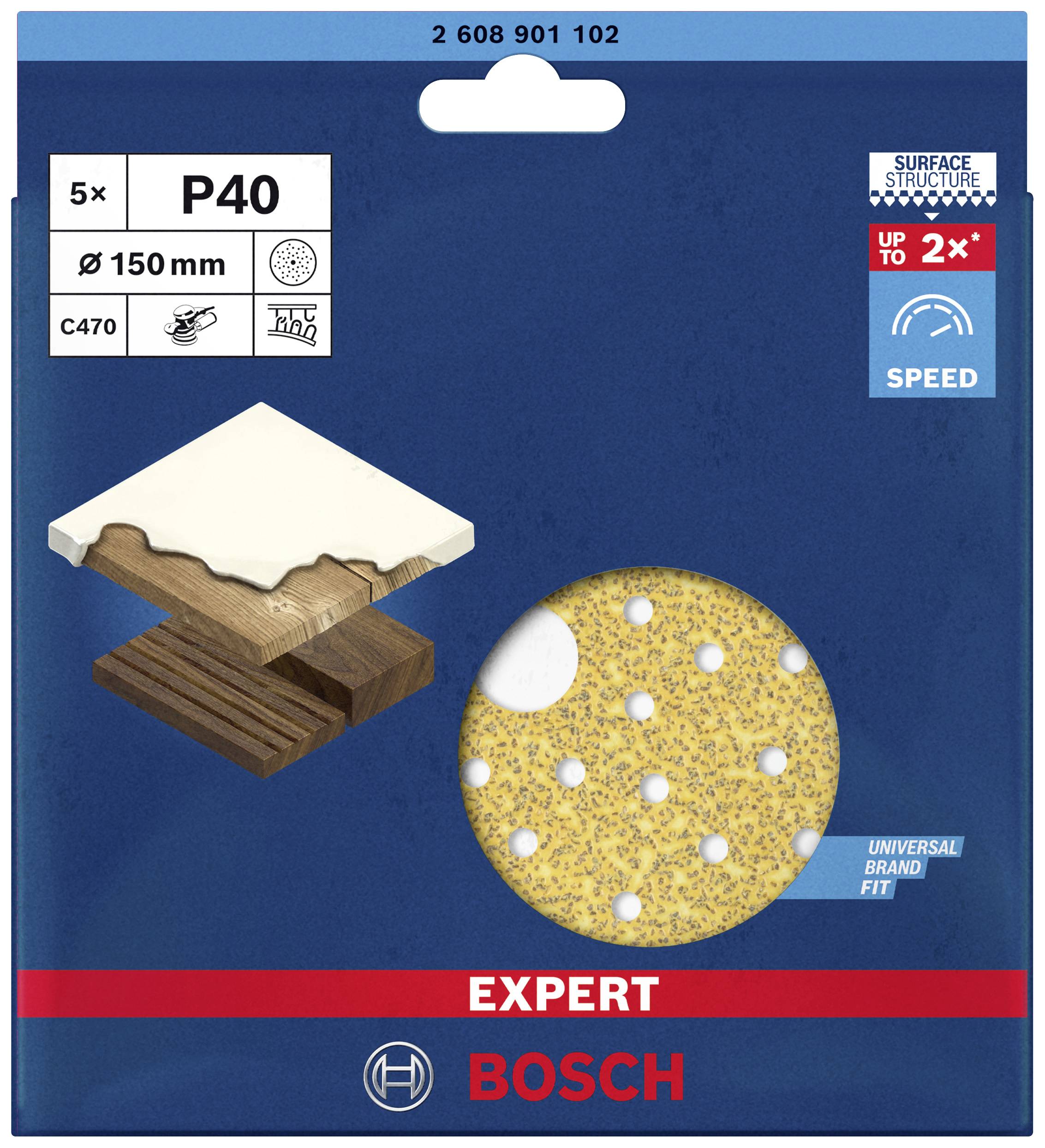 Schleifpapierpackung mit 5 Blatt, Körnung P40, Durchmesser 150 mm, geeignet für Holz. Marke Bosch, mit Symbolen für Anwendung und Effizienz.