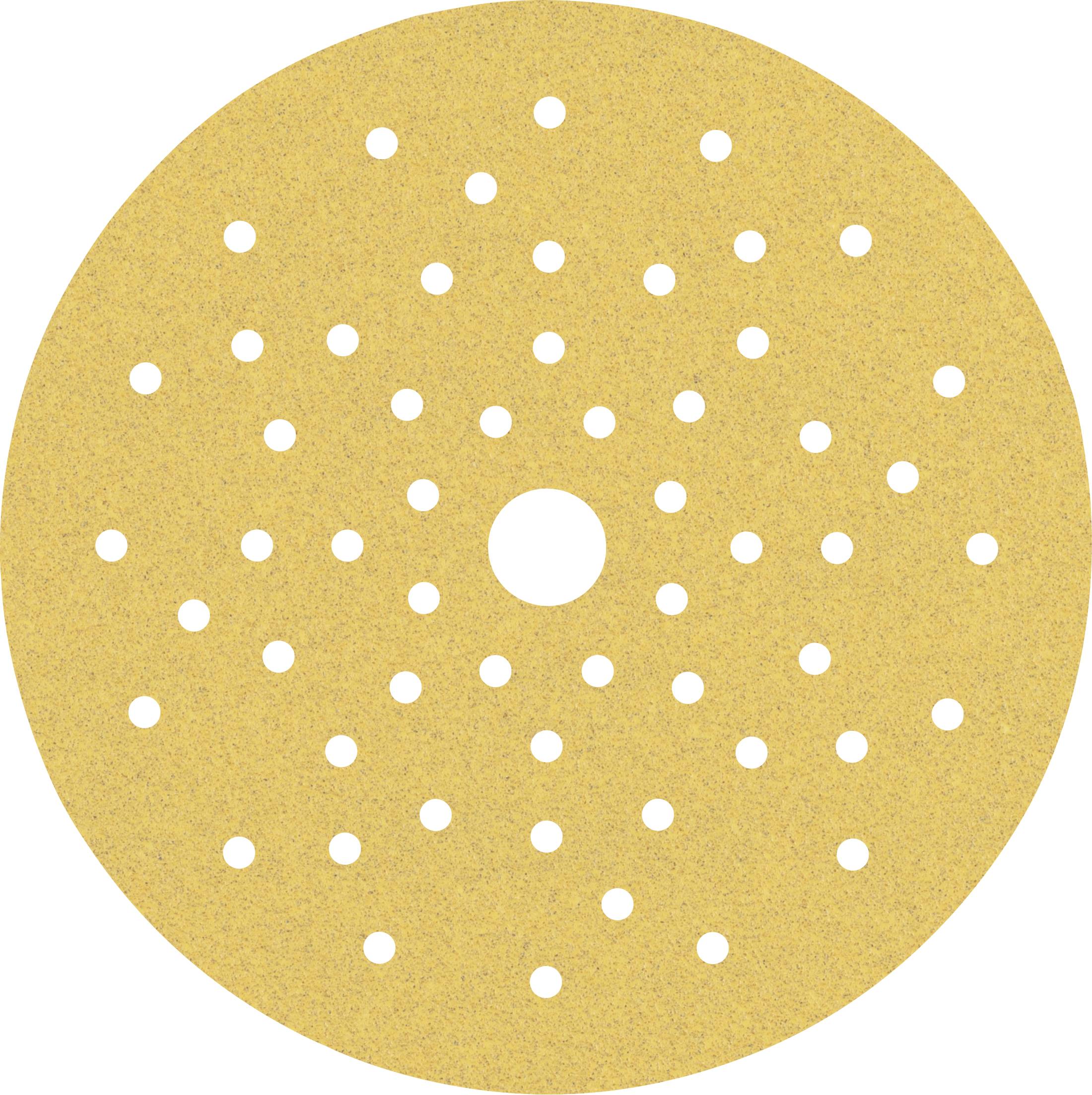 Eine runde, goldene Schleifpapier-Scheibe mit vielen kleinen Löchern und einem größeren Mittelloch.