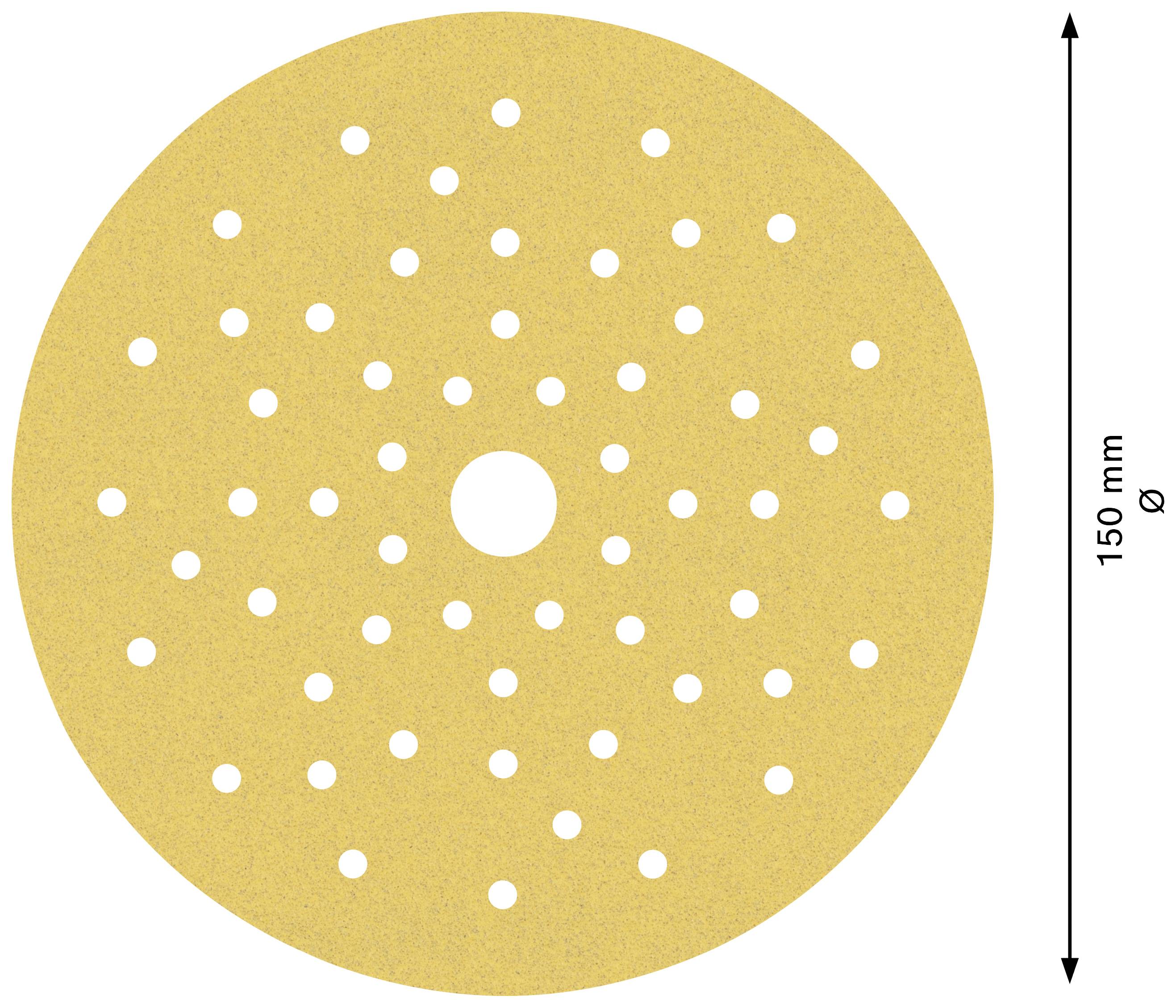 Bild eines runden Schleifpads mit vielen kleinen Löchern und einem größeren zentralen Loch. Der Durchmesser beträgt 150 mm.