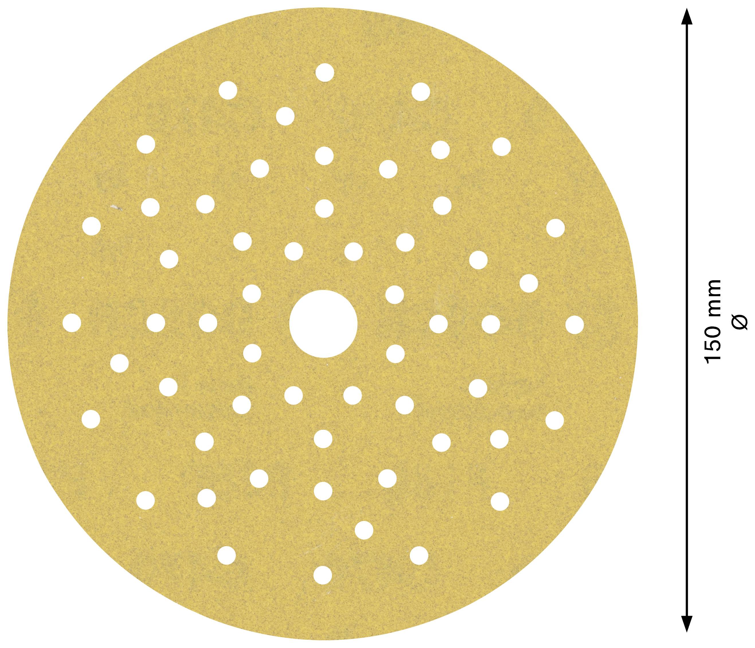 Ein Rundschleifpapier mit einem Durchmesser von 150 mm und zahlreichen Löchern zur Staubabsaugung.