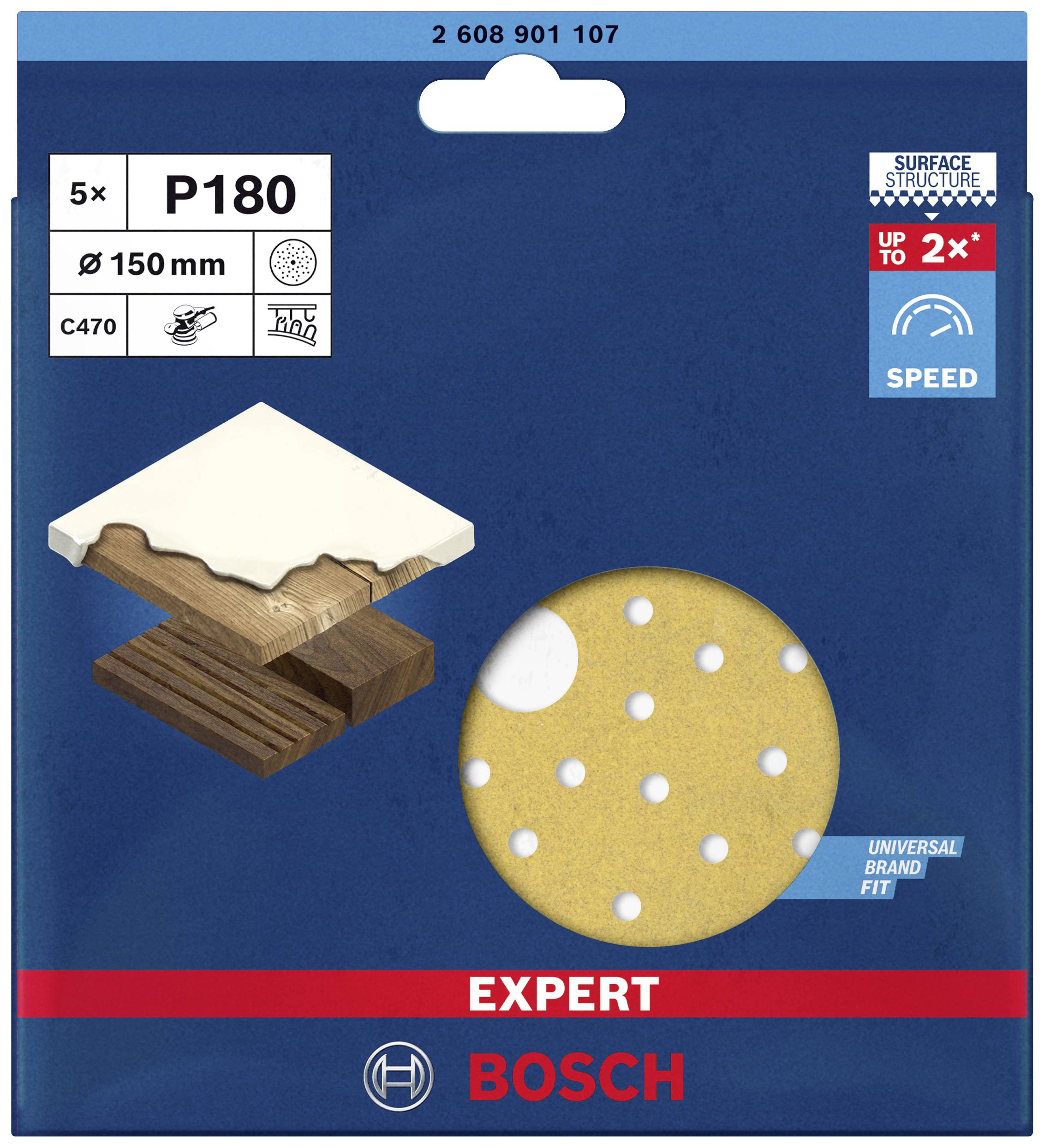 Verpackung von Schleifpapier. Zeigt Körnung P180, geeignet für Holz und Farbe. Enthält fünf runde Blätter, 150 mm Durchmesser. Marke Bosch.