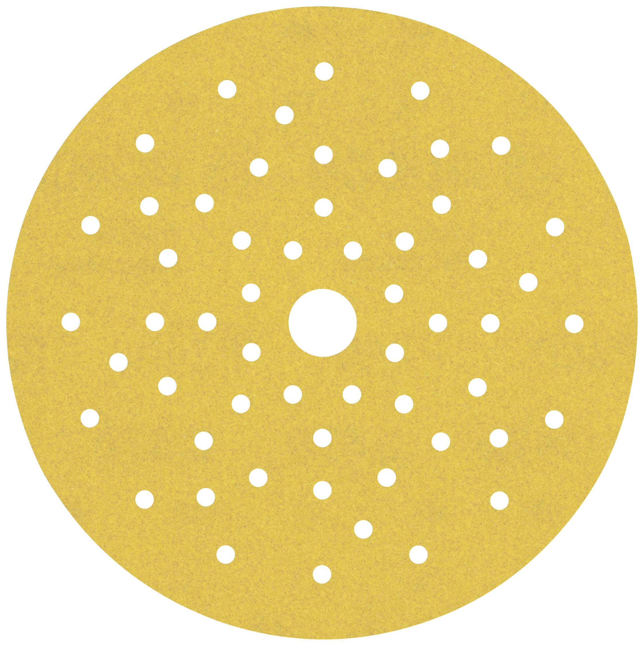 Gelbe Schleifscheibe mit zentralem Loch und symmetrischen Perforationen für effizientes Schleifen und Staubabsaugung.