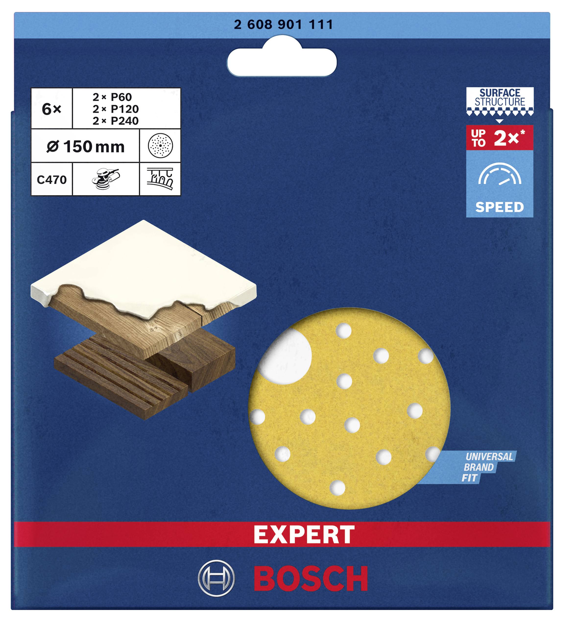 Eine Packung Bosch-Schleifpapier, 6 Stück: 2x P60, 2x P120, 2x P240, geeignet für Holz, mit 150 mm Durchmesser. Markenuniversell.