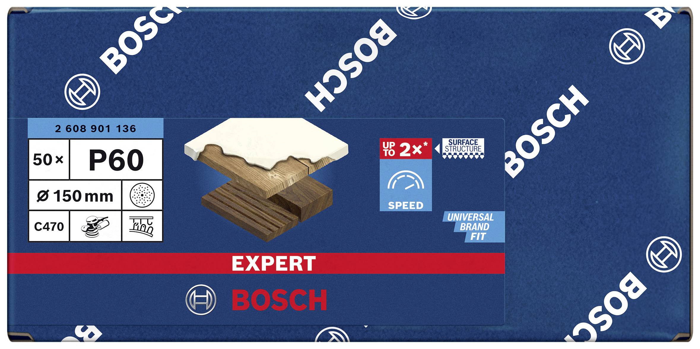 Verpackung für Bosch-Schleifpapier, P60, 50 Stück, geeignet für Holz und Farbe, Durchmesser 150mm, 
