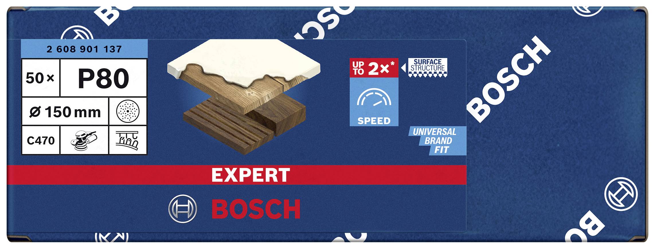 Die Verpackung zeigt Schleifpapier mit der Körnung P80, geeignet für Holz, Metall und Farbe, Durchmesser 150 mm, Marke Bosch.