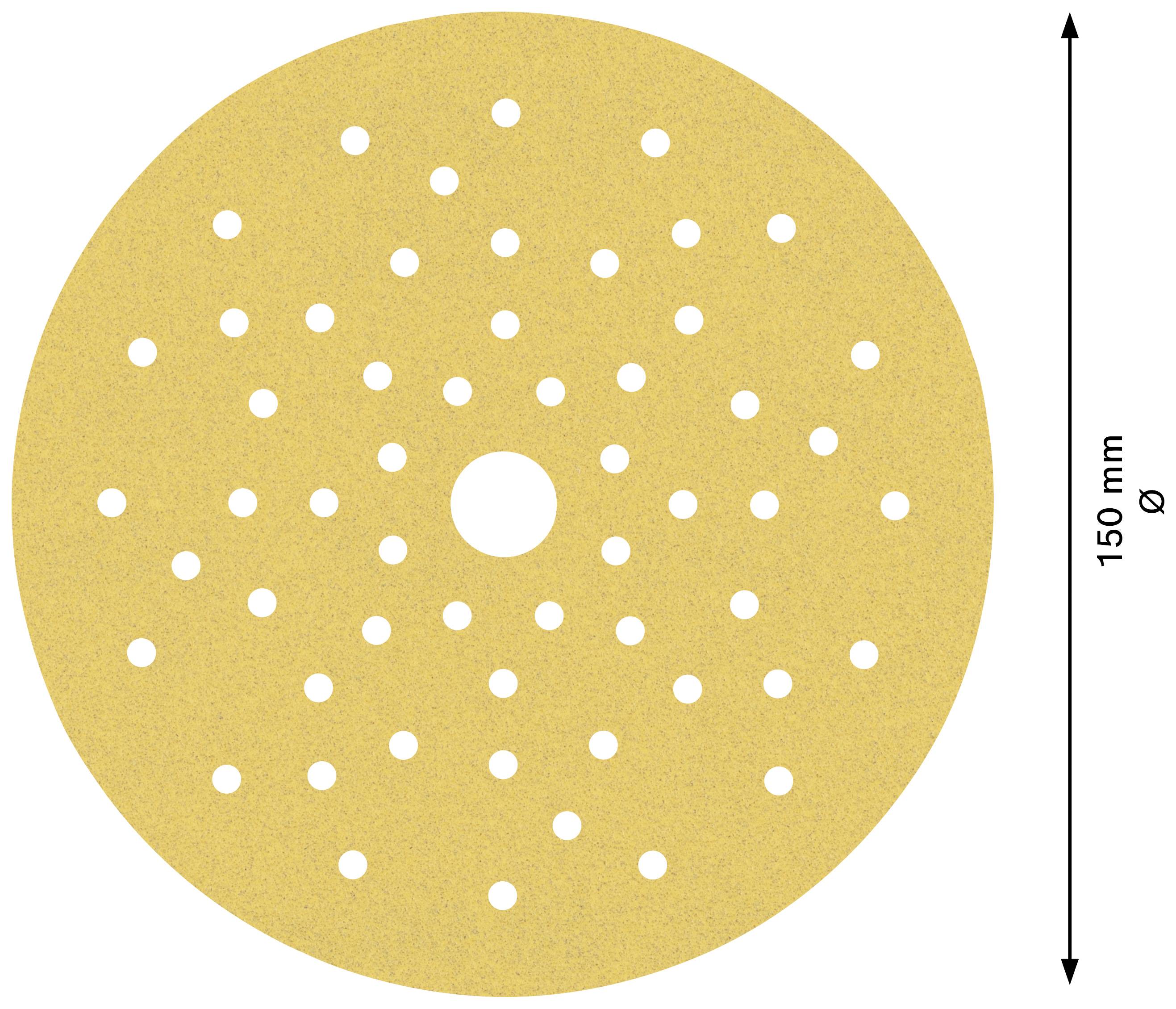 Ein rundes Schleifpapier mit vielen kleinen Löchern in gleichmäßigen Abständen und einem zentralen Loch, 150 mm Durchmesser.