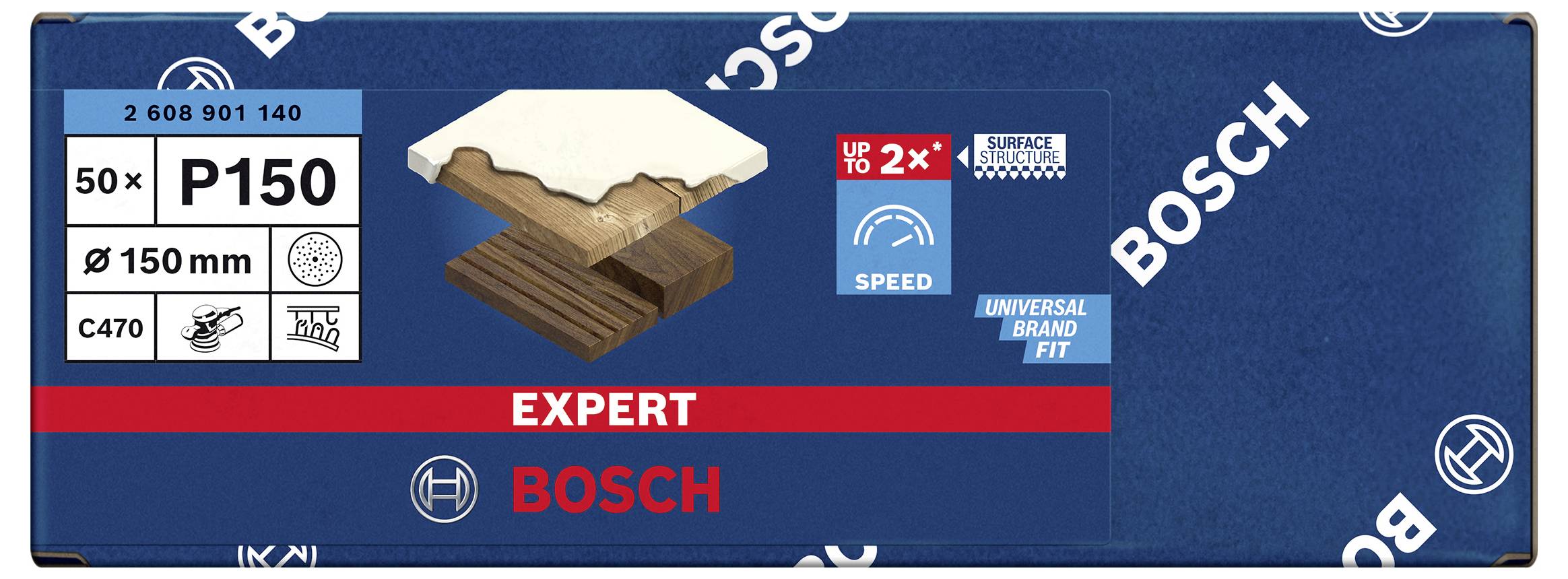 Verpackung einer Bosch-Schleifscheibe mit Korn P150, geeignet für Holz und Farbe, Durchmesser 150 mm, 50 Stück. Geschwindigkeit bis zu 2-fach erhöht.