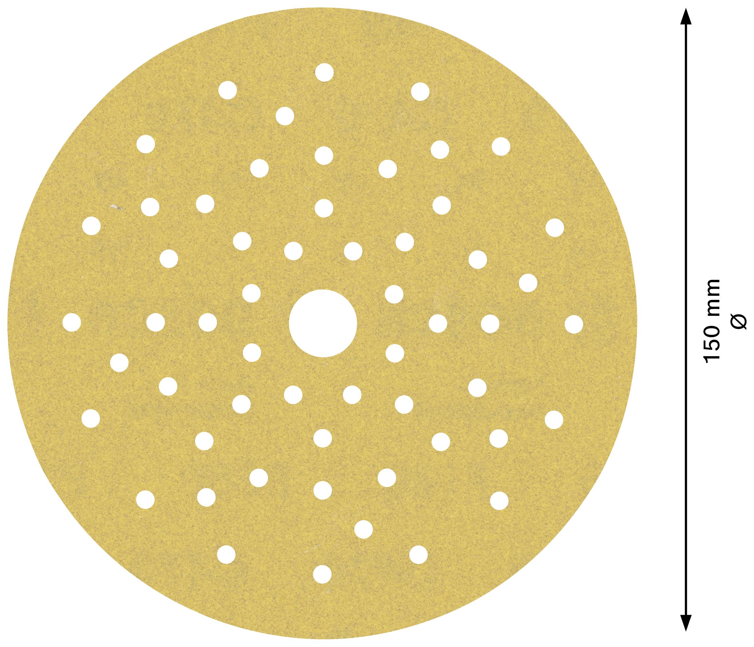 Ein rundes Schleifpapier mit vielen kleinen Löchern und einem mittleren Loch, Durchmesser 150 mm.
