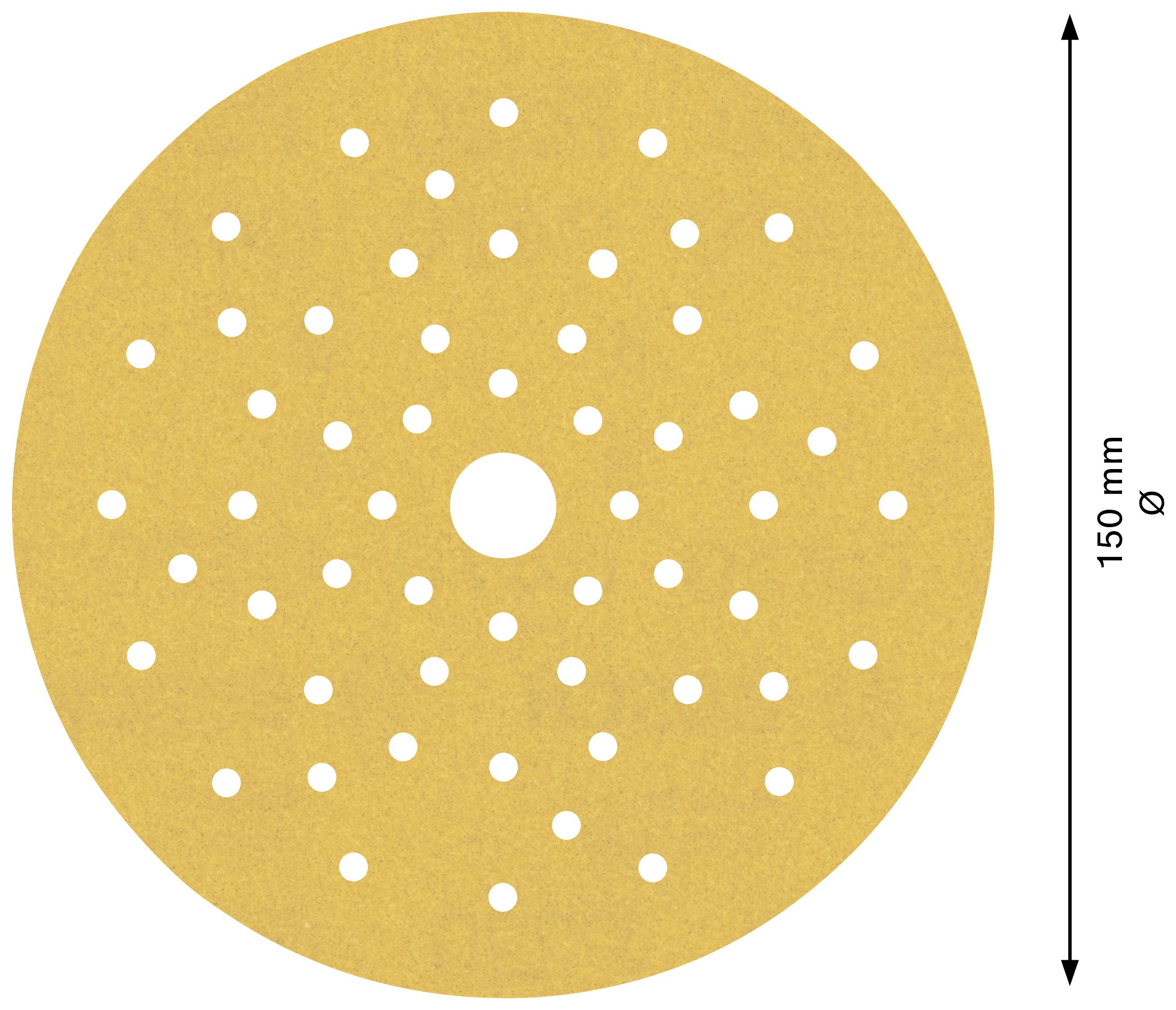 Rundes Schleifpapier mit 150 mm Durchmesser, gleichmäßig verteilte Löcher, Pfeil zeigt den Durchmesser.