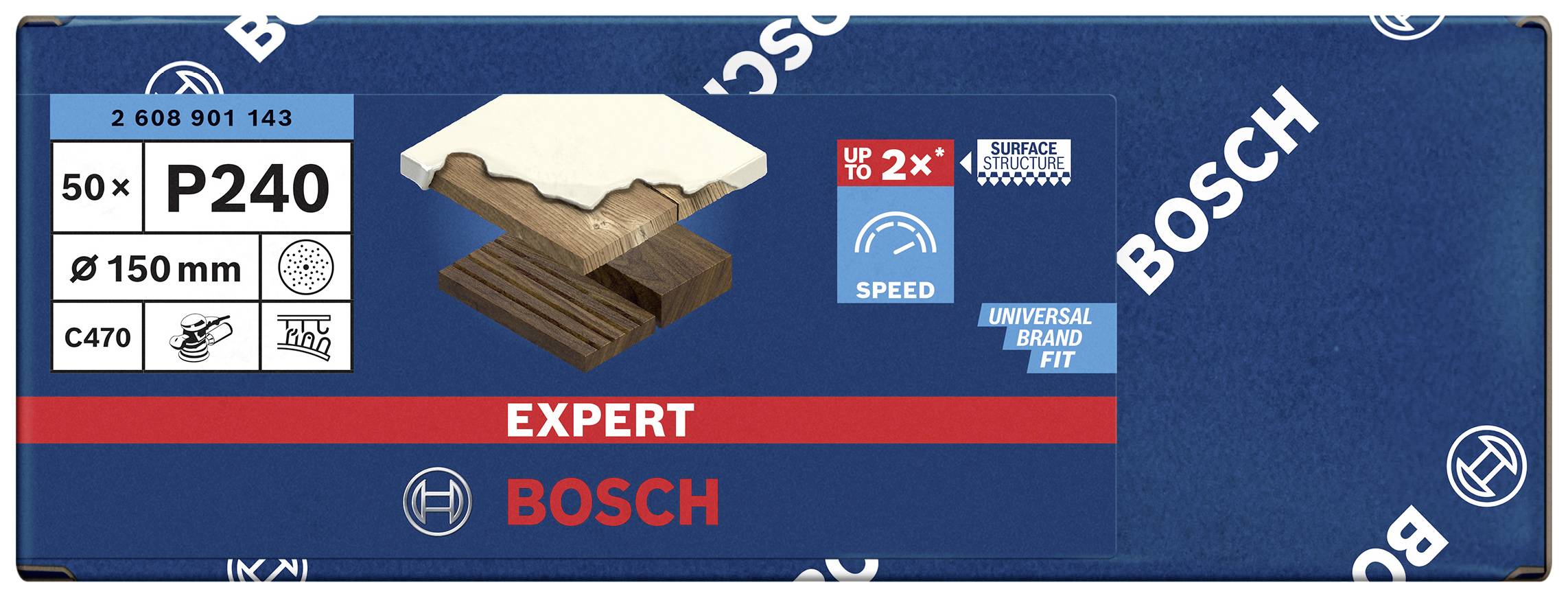Verpackung von Bosch Schleifpapier, 50 Stück, Körnung P240, 150 mm Durchmesser, für Holz und Metall, Markenlogo und Geschwindigkeitssymbol.