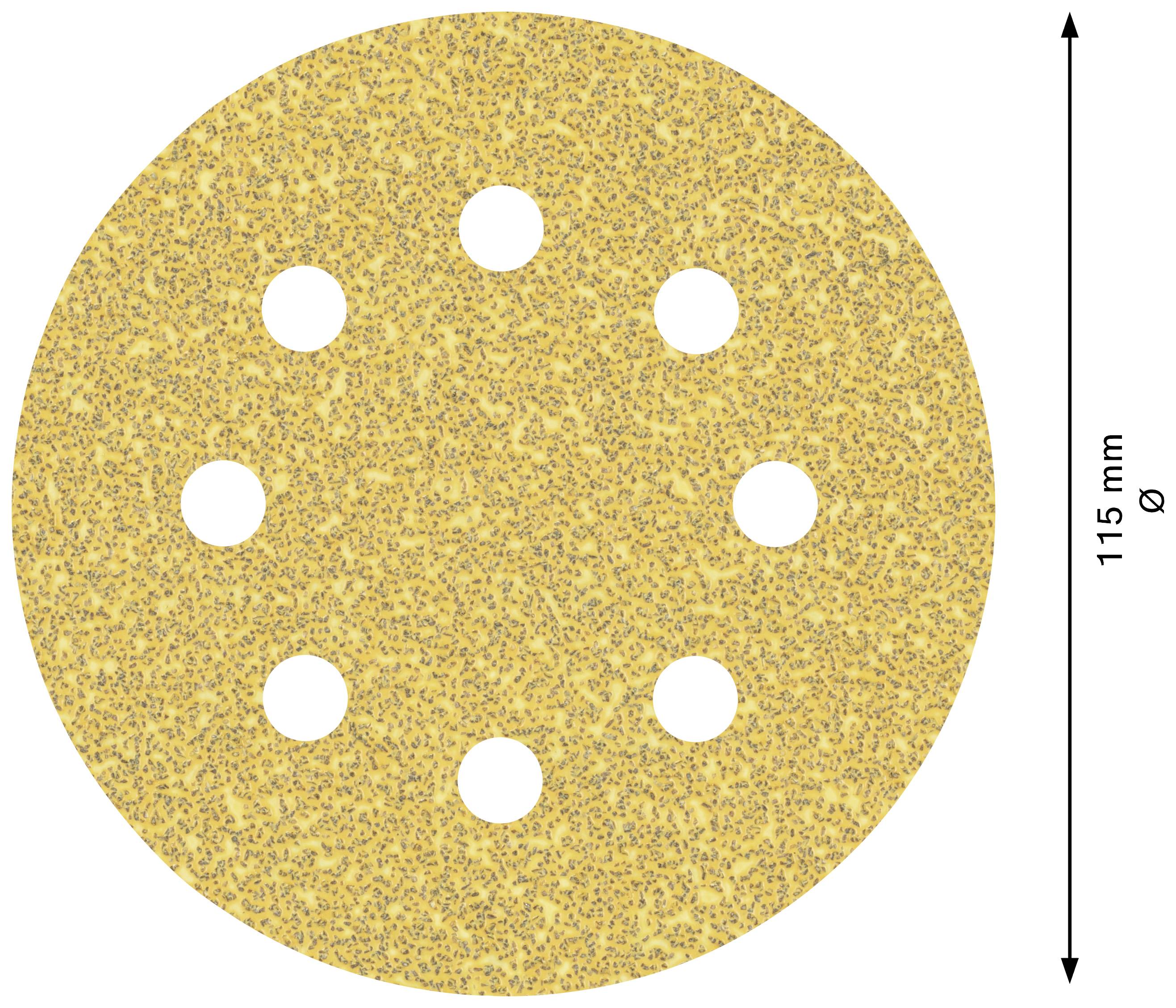 Runde Schleifscheibe, 115 mm Durchmesser, mit neun gleichmäßig verteilten Löchern, goldbraune Farbe, raue Oberfläche.