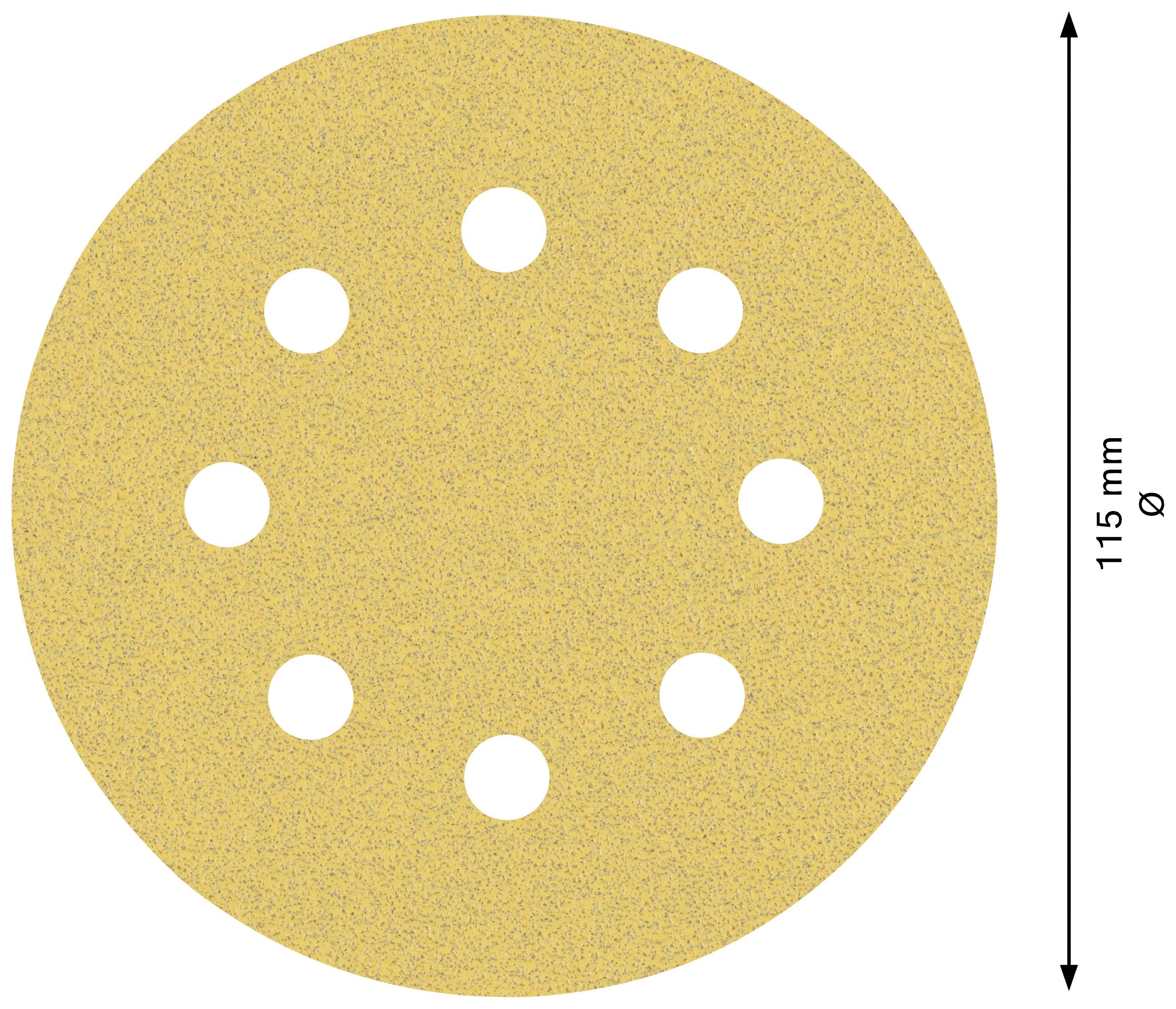 Schleifscheibe mit acht Löchern, Durchmesser 115 mm, gelbe Körnung.