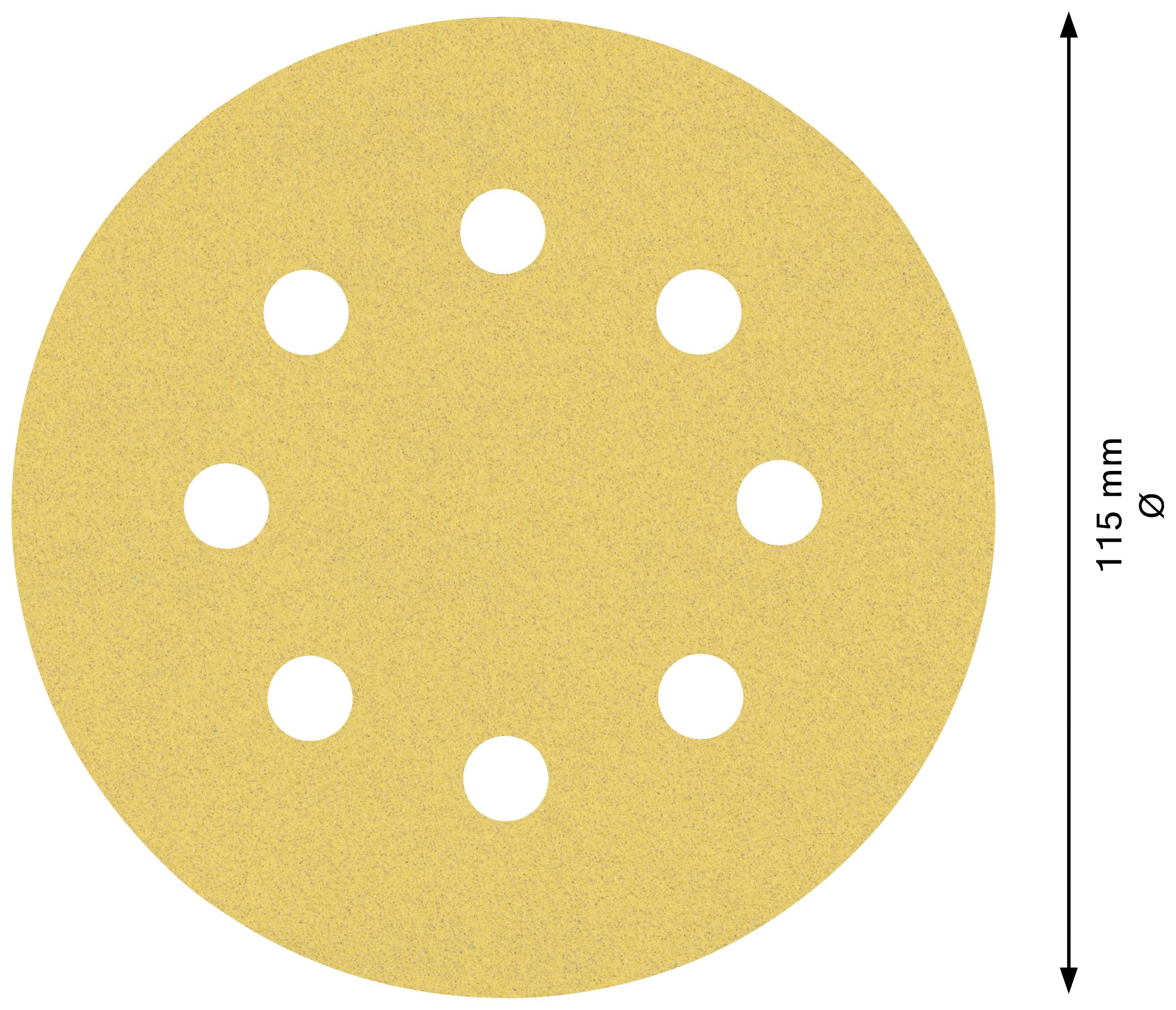 Schleifpapier mit 115 mm Durchmesser, acht Löcher gleichmäßig verteilt.