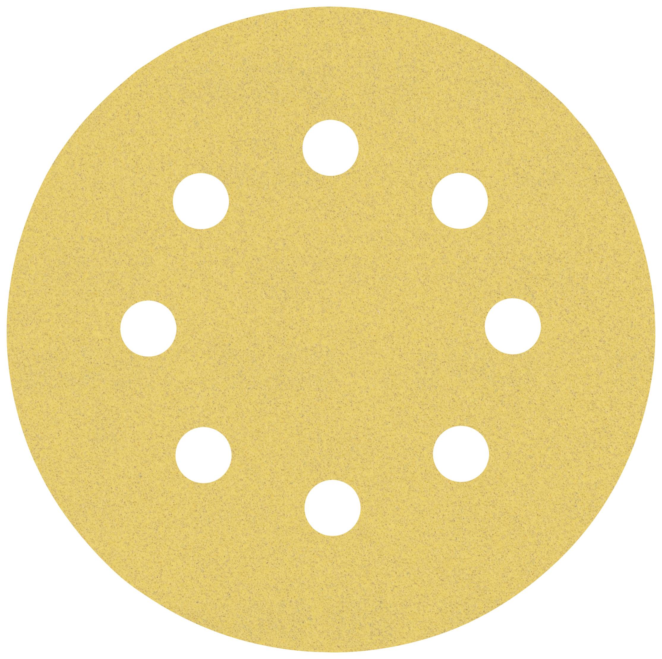 Ein runder Schleifscheibe mit neun symmetrisch angeordneten Löchern. Die Scheibe hat eine sandige, gelbe Oberfläche.