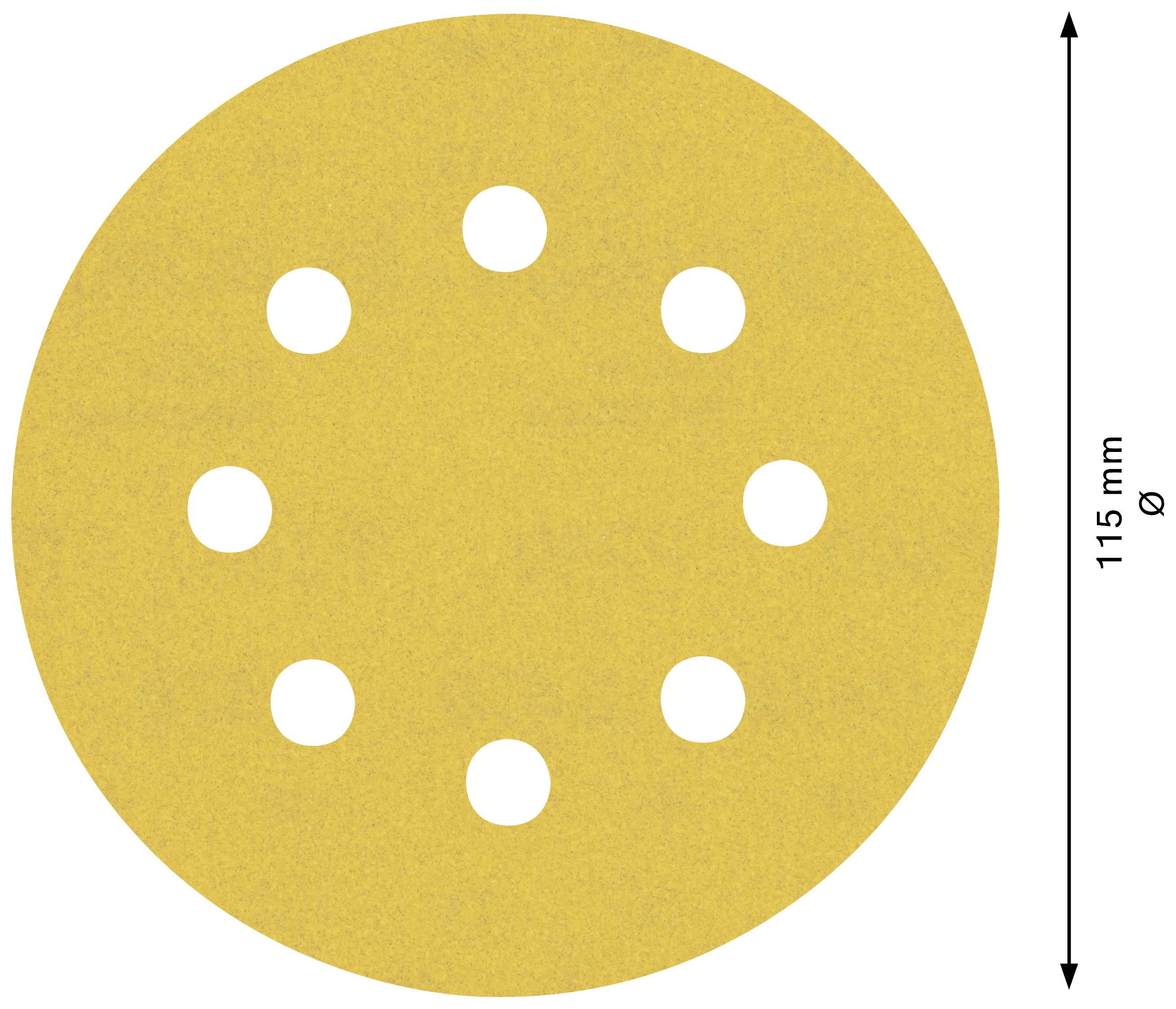 Ein runder Schleifpapierbogen mit acht Löchern, Durchmesser 115 mm, auf weißem Hintergrund.