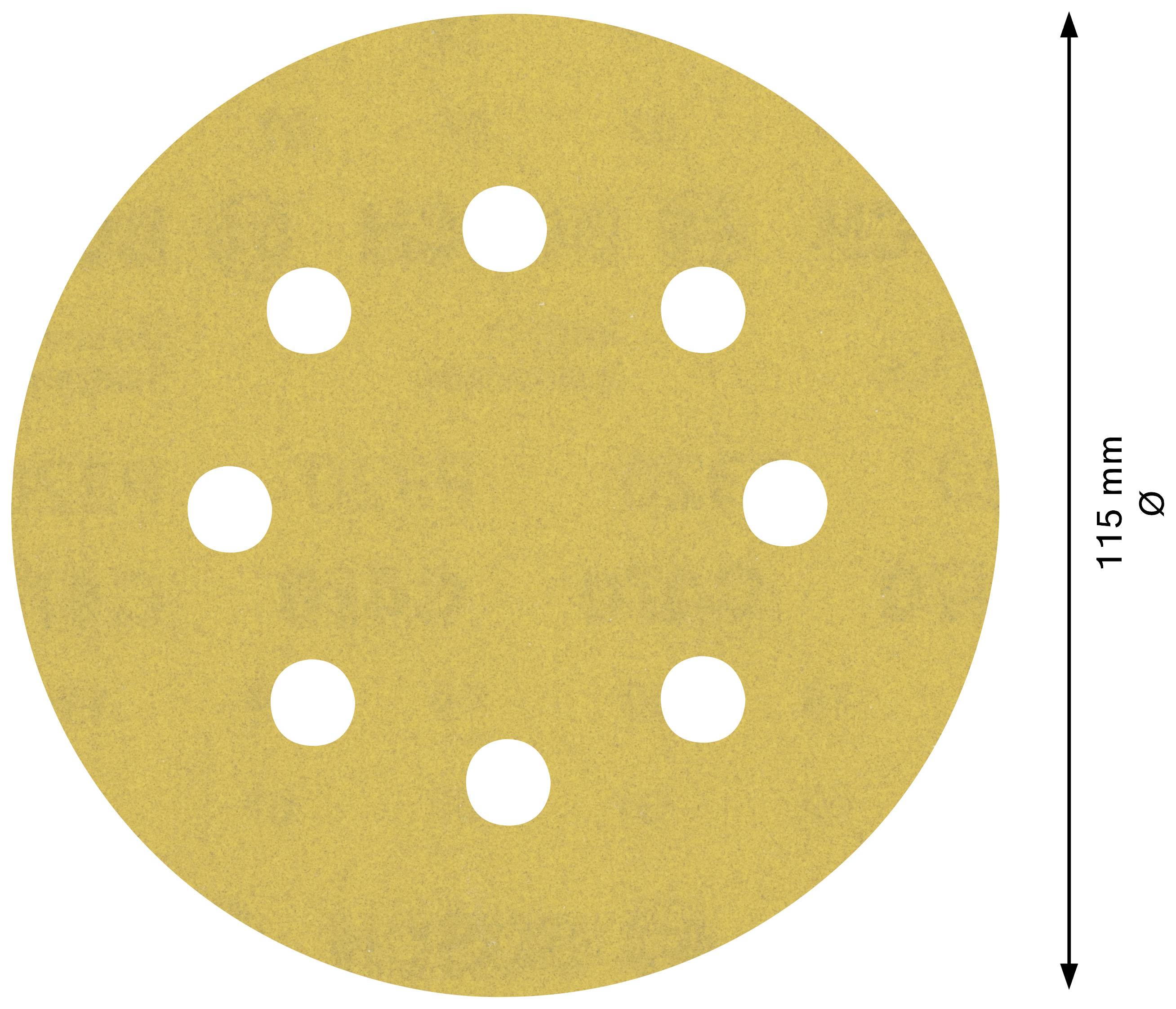 Ein runder, gelber Schleifscheibe mit neun symmetrisch angeordneten Löchern. Rechts daneben ein Pfeil mit '115 mm' Länge.
