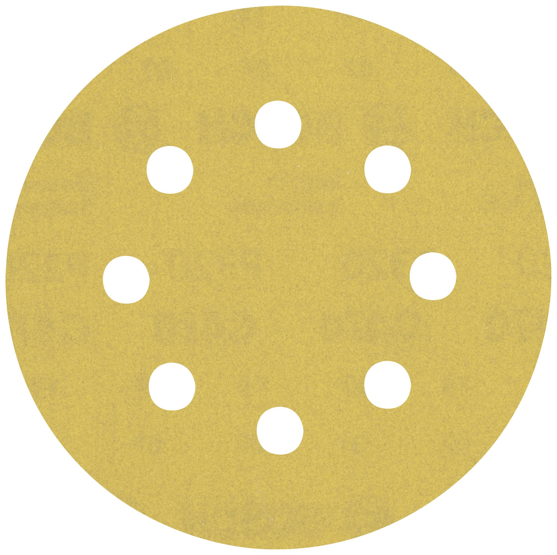 Runder Schleifteller aus gelbem Schleifpapier mit neun gleichmäßig verteilten Löchern.
