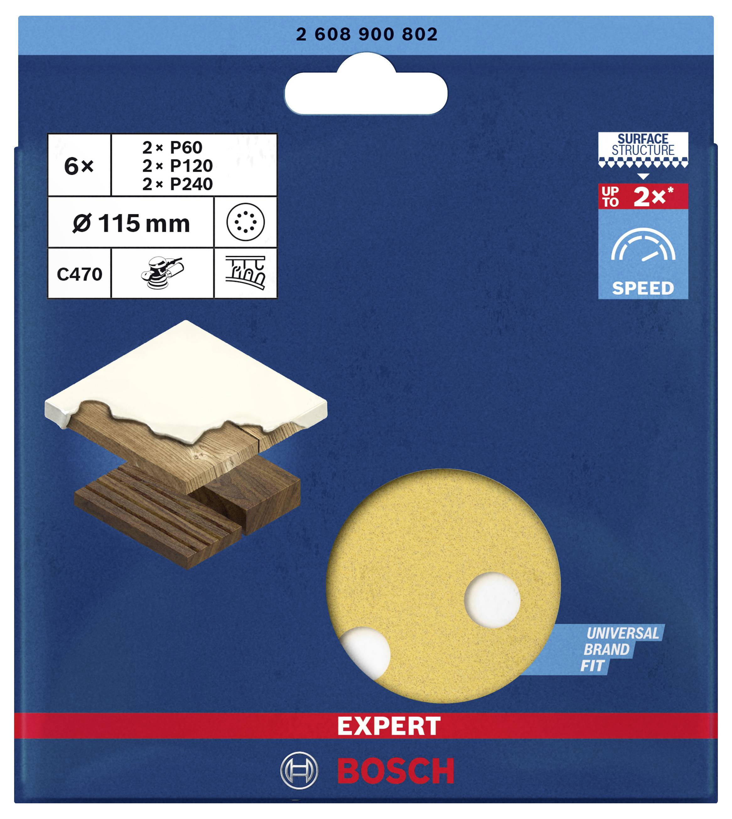 Verpackung für Bosch Schleifpapier mit 6 St. im Set: 2x P60, 2x P120, 2x P240. Geeignet für Holz; Durchmesser 115 mm.