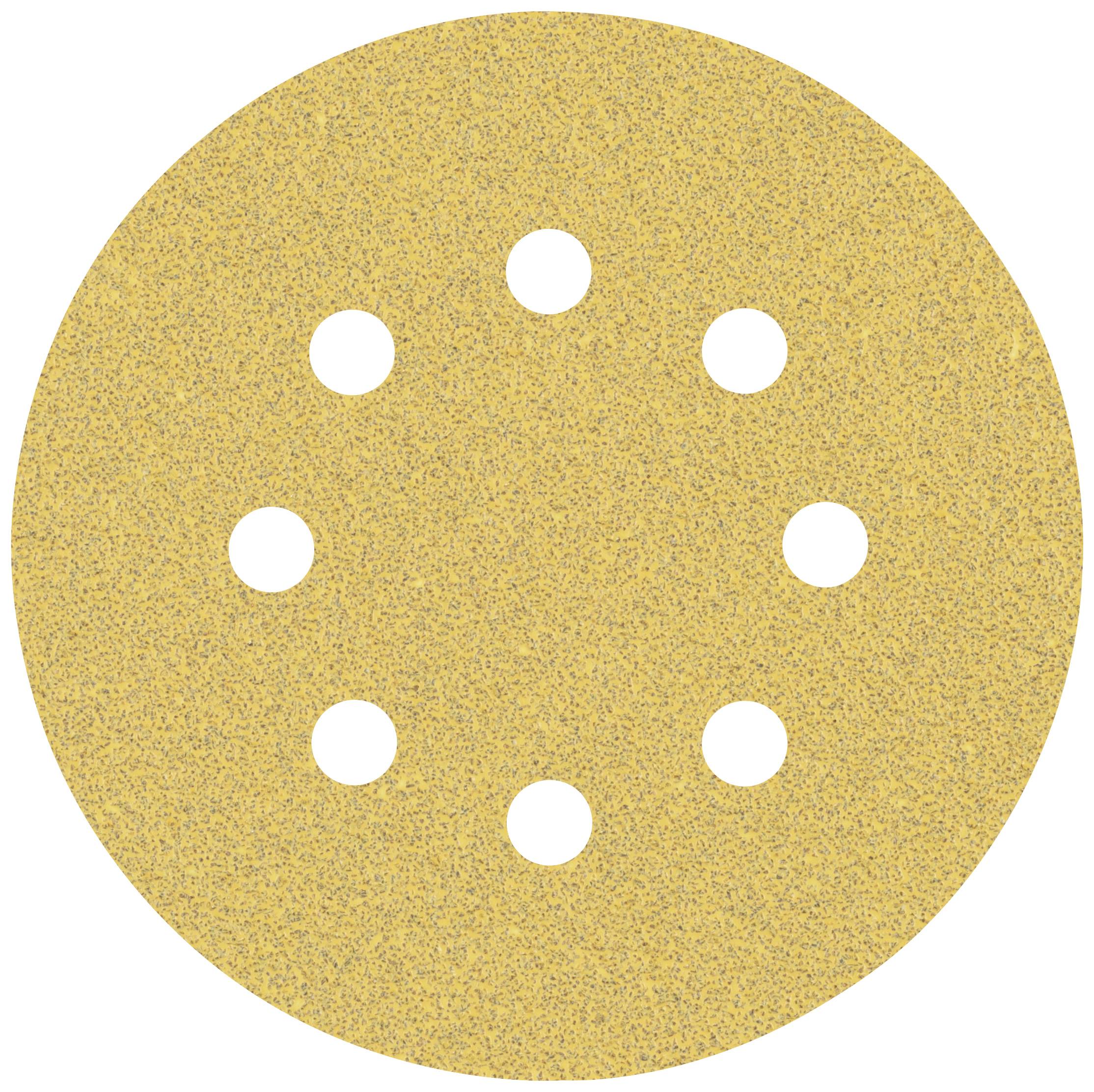 Runde Schleifscheibe mit neun gleichmäßig verteilten Löchern, verwendet für das Schleifen von Oberflächen. Beige Farbton.