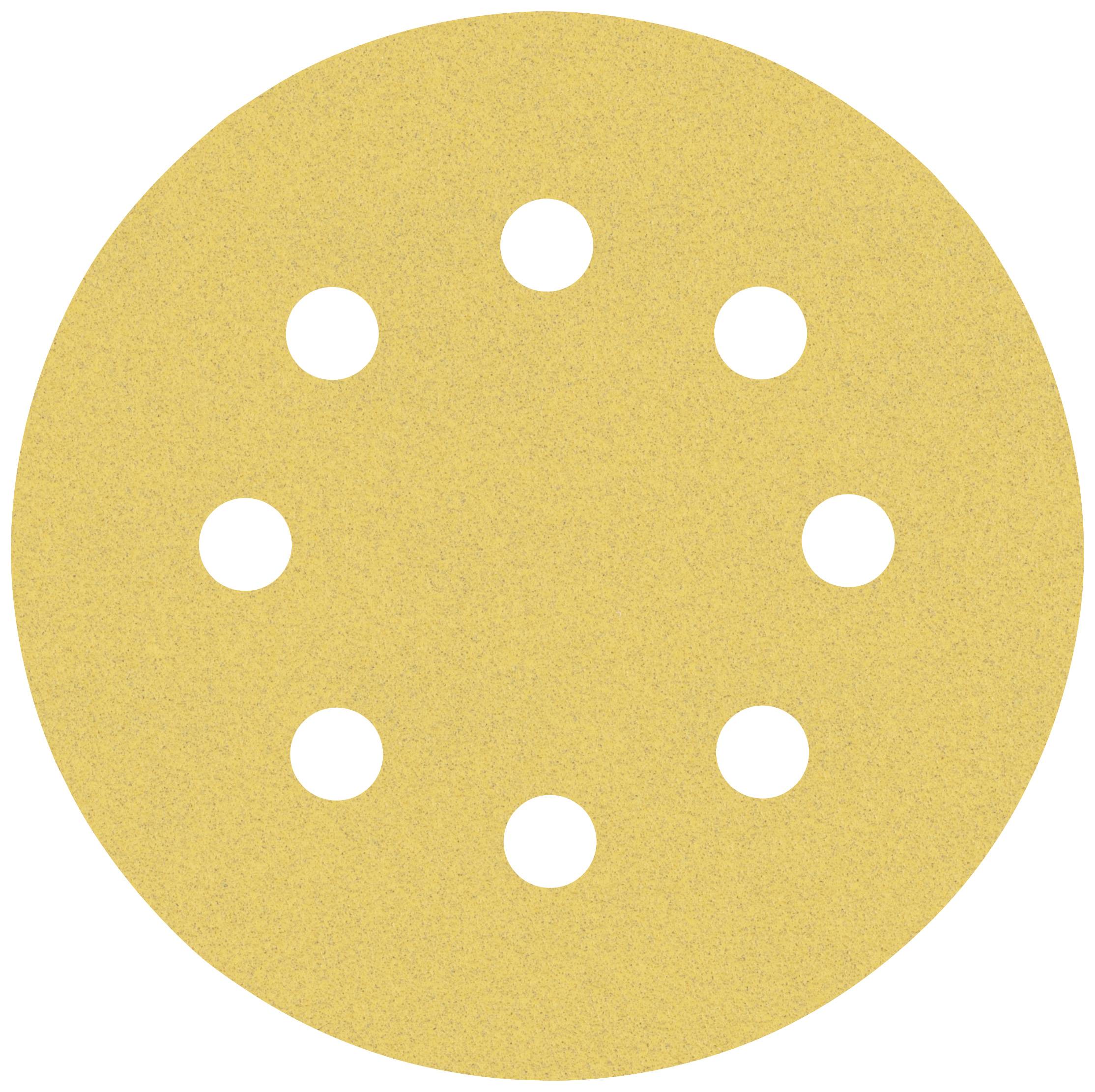 Ein rundes, gelbes Schleifpapier mit acht symmetrisch verteilten Löchern.