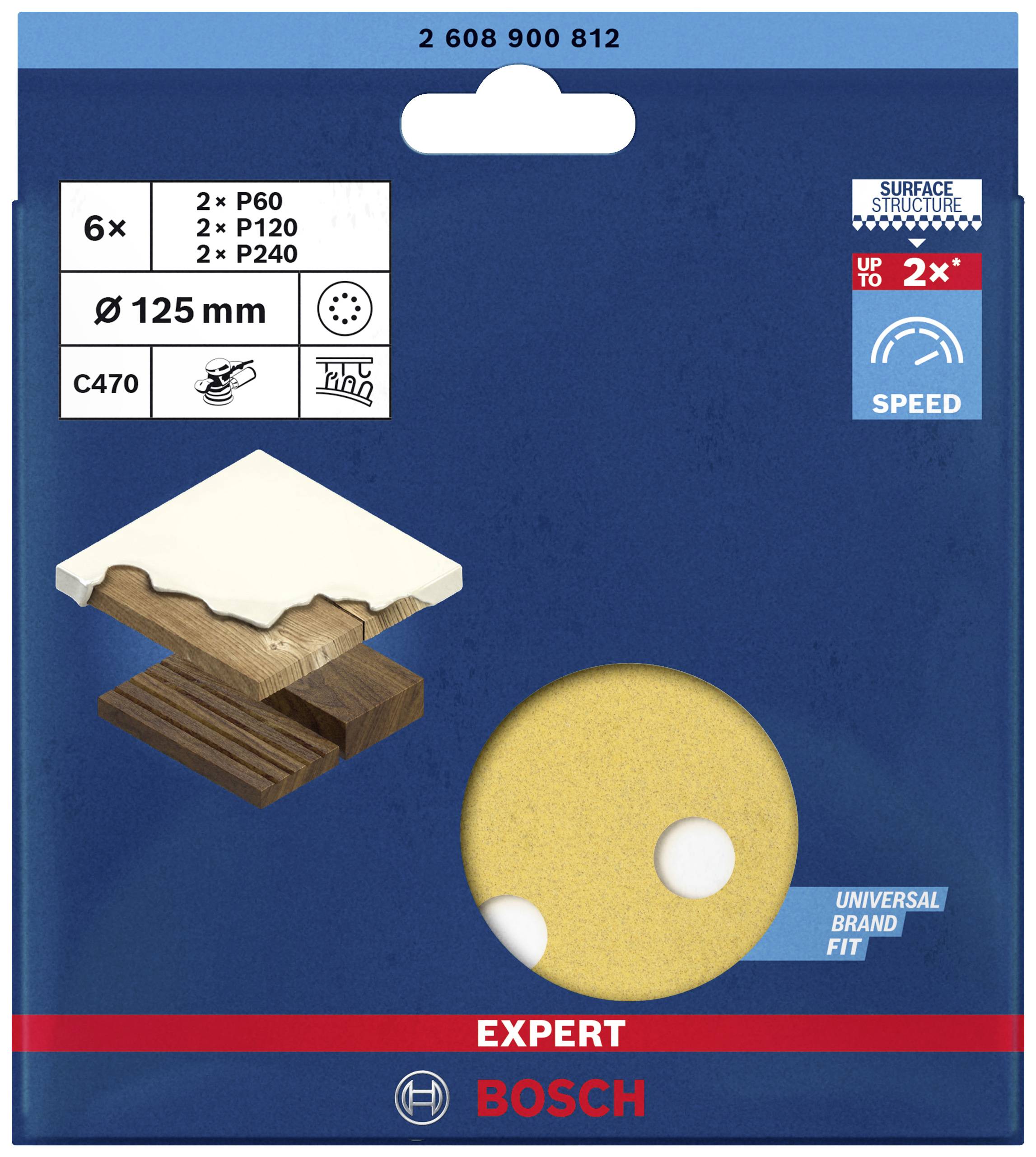 Bosch Expert Schleifpapier, 6 Stück, Ø 125 mm, Körnung: 2x P60, 2x P120, 2x P240, Universeller Markenfit, Geeignet für Holz und Putz.