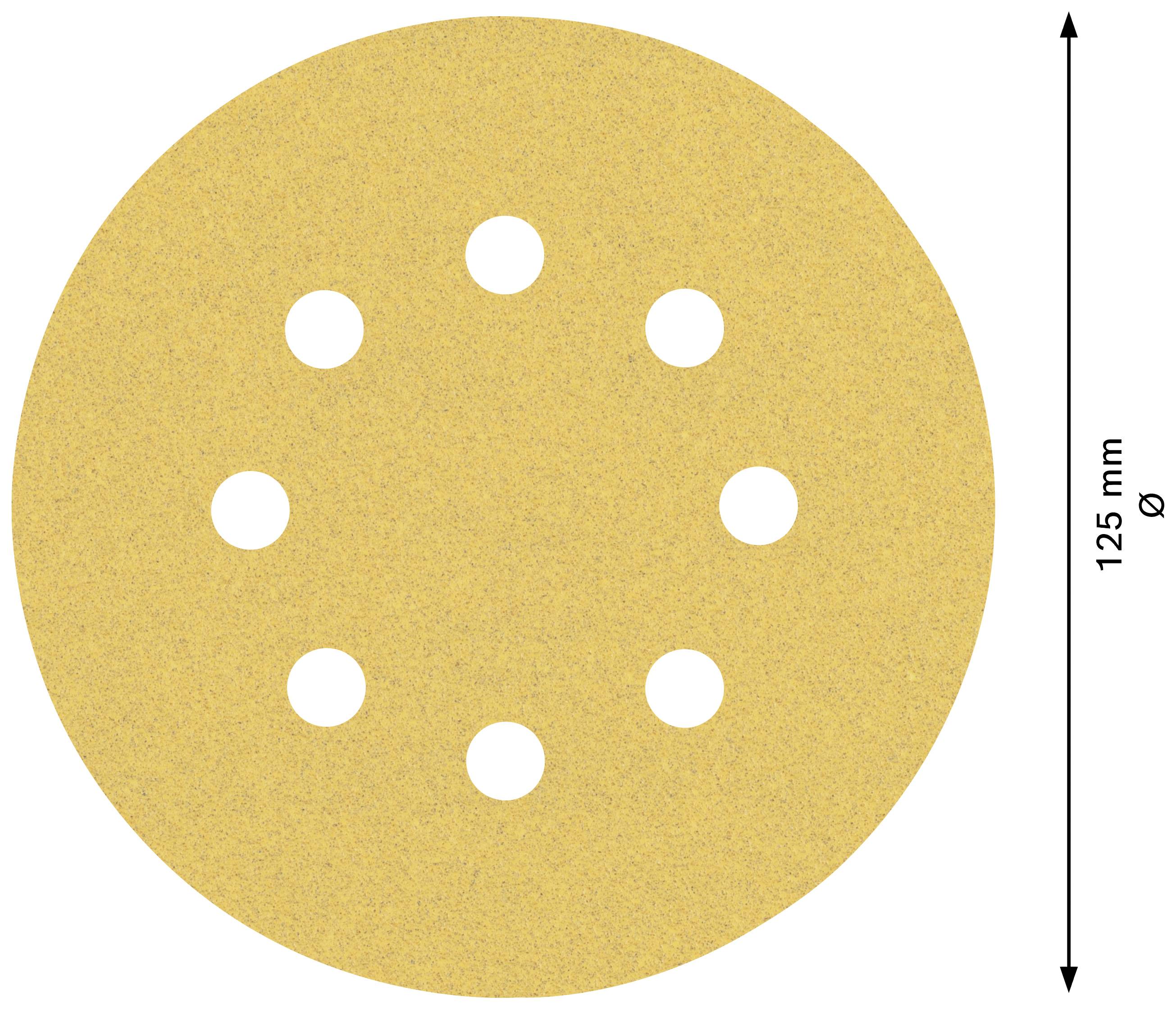 Kreisförmiges Schleifpapier, 125 mm Durchmesser, mit neun gleichmäßig verteilten Löchern.