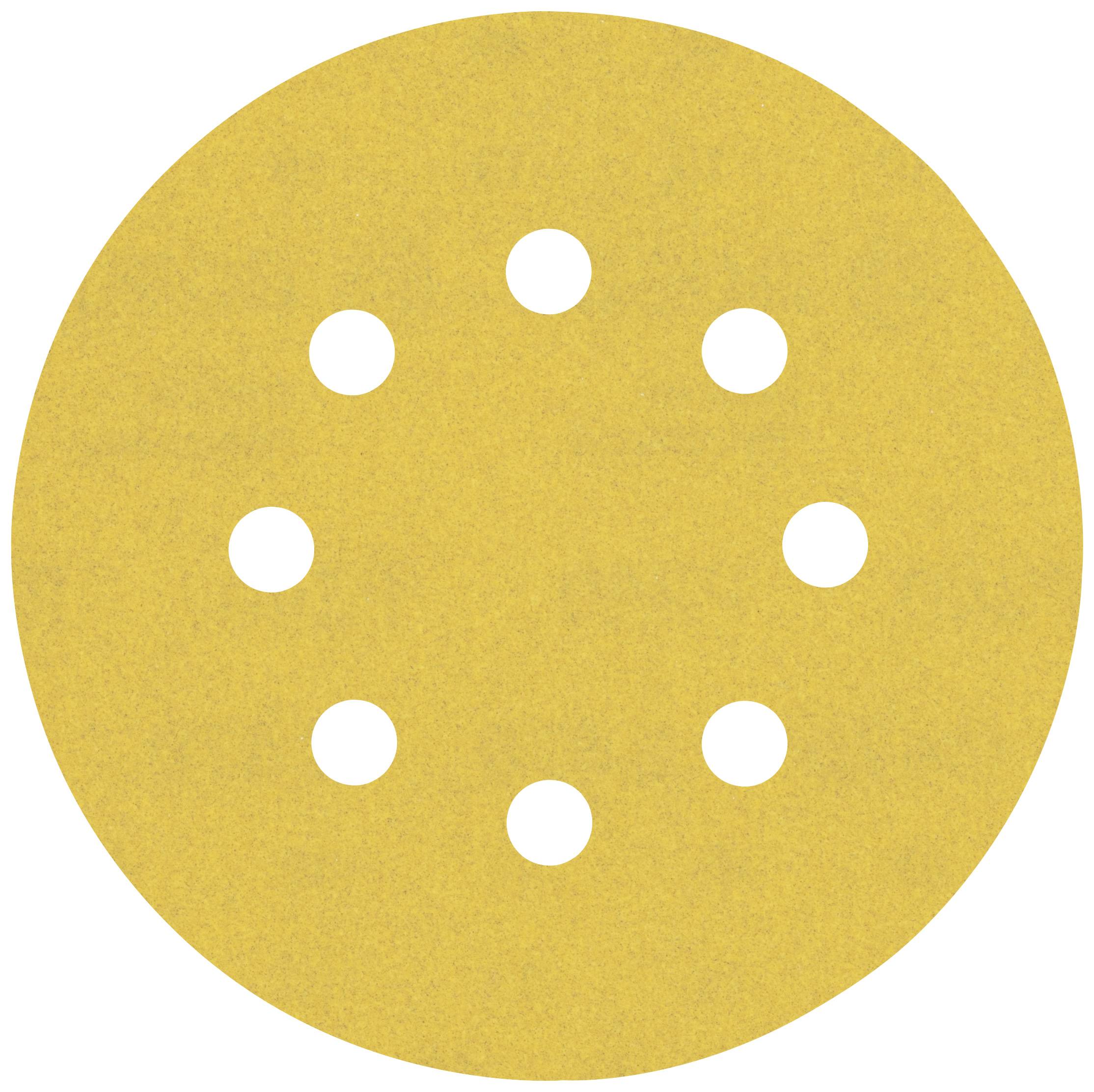Ein rundes Schleifpapier mit neun symmetrisch verteilten Löchern, ideal für Schleifgeräte mit Staubabsaugung.