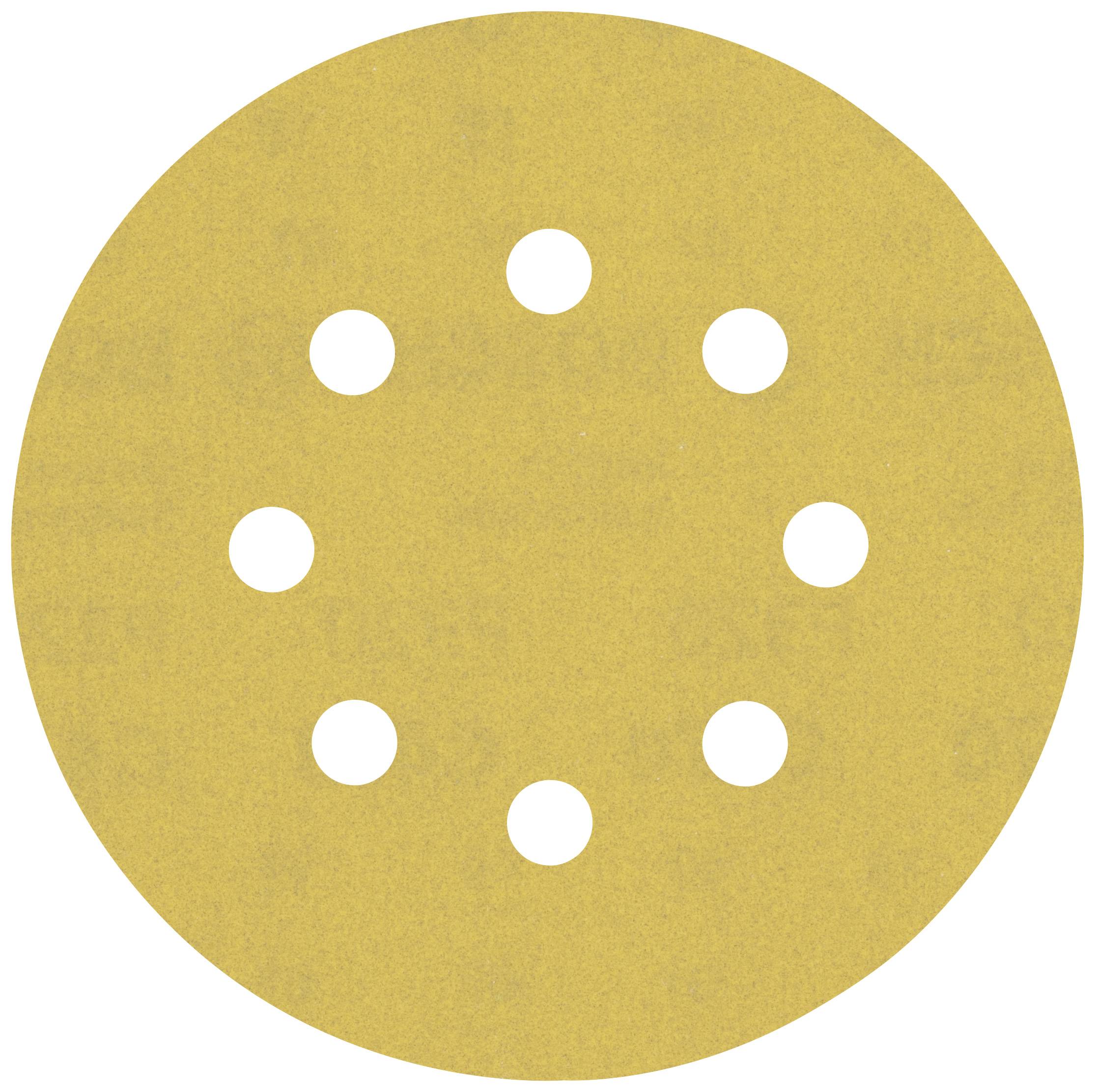 Ein runder, gelber Schleifpapierkreis mit acht gleichmäßig verteilten Löchern. Verwendet für Schleifer zum Glätten von Oberflächen.