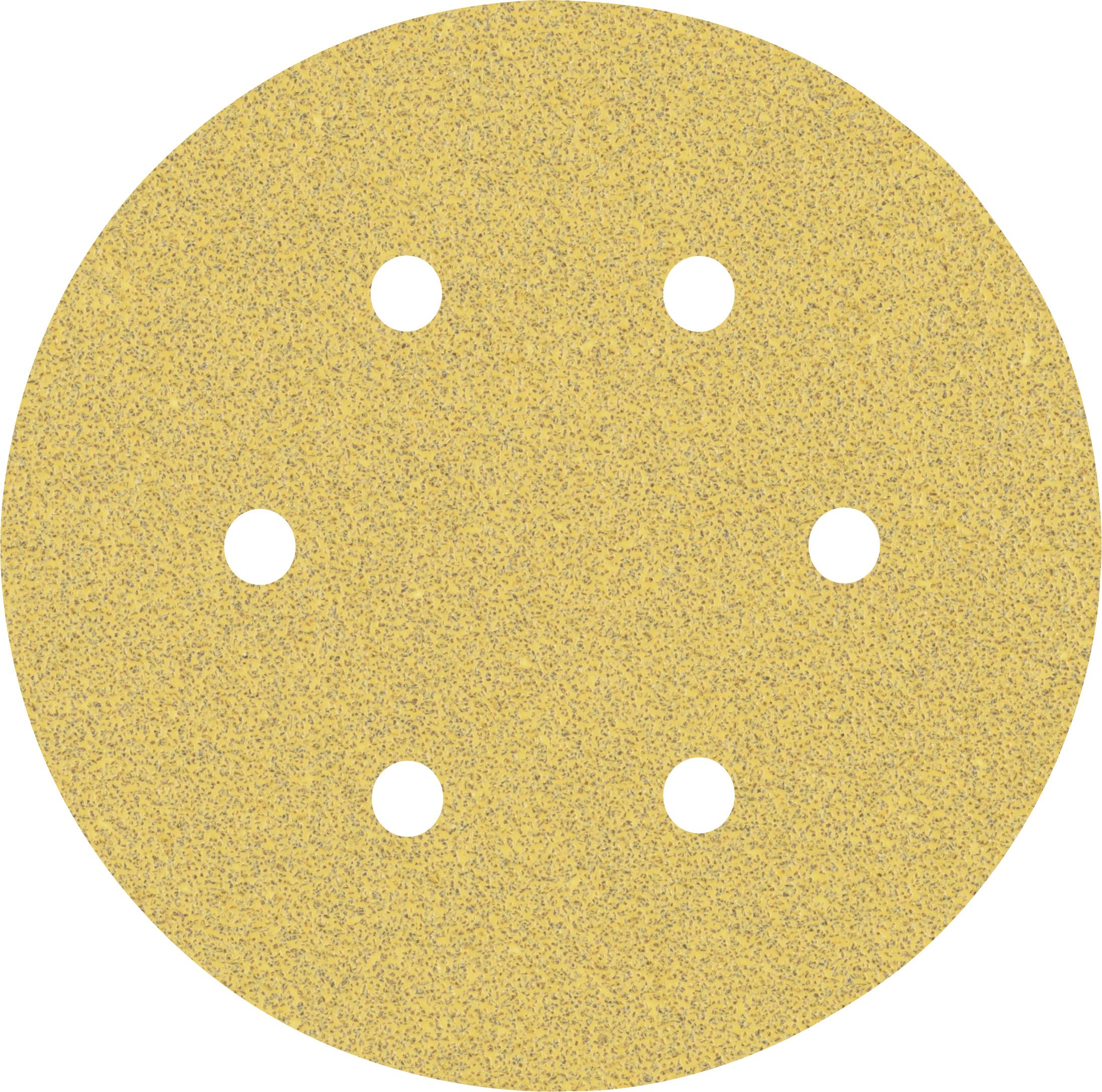 Runde, beige Schleifscheibe mit sechs symmetrisch angeordneten Löchern. Verwendet zum Abschleifen von Oberflächen mit einer Schleifmaschine.