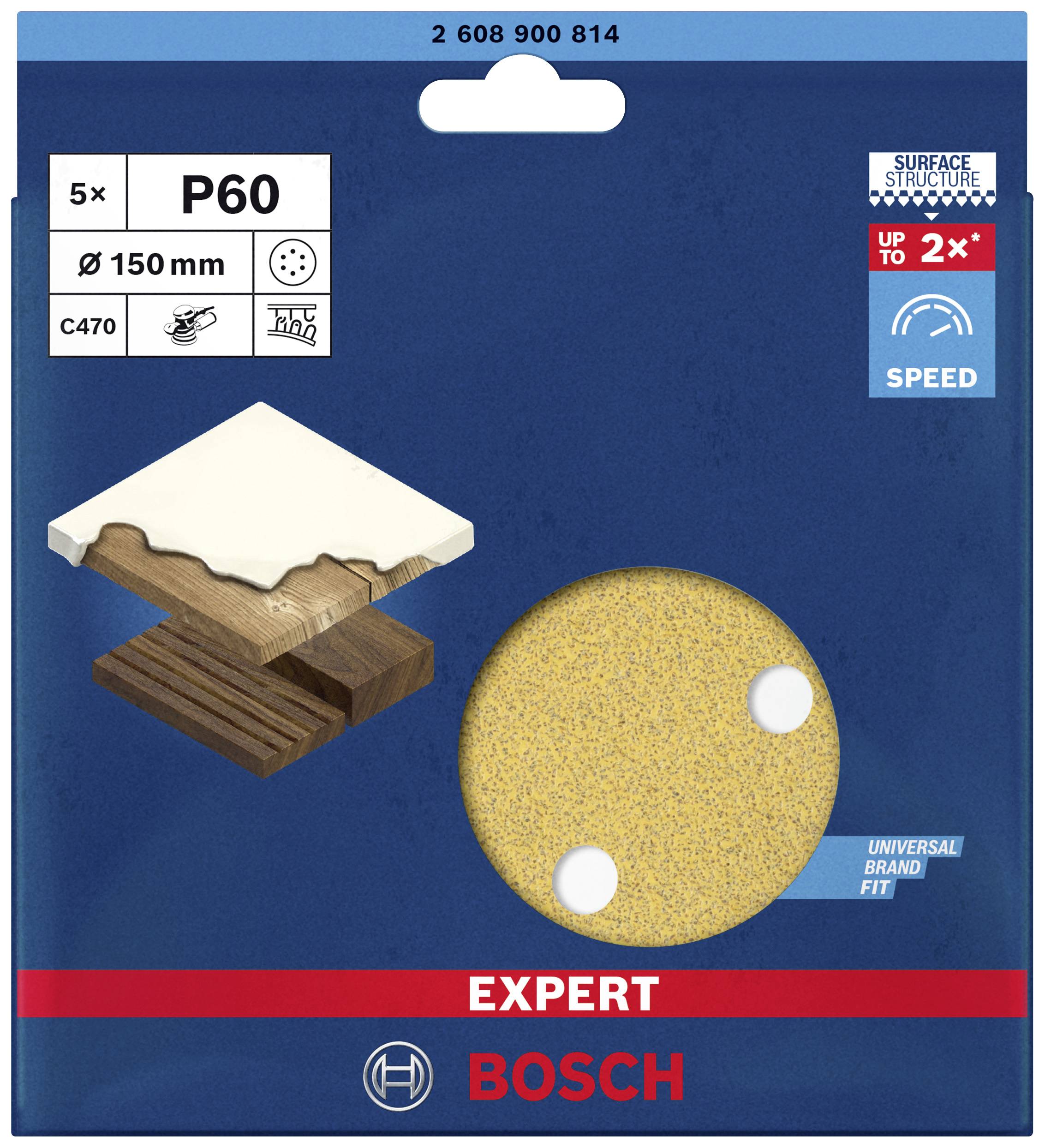Das Bild zeigt eine Bosch Expert Schleifpapier-Verpackung. Details: 5 Blätter, P60 Körnung, 150 mm Durchmesser, geeignet für Holz.