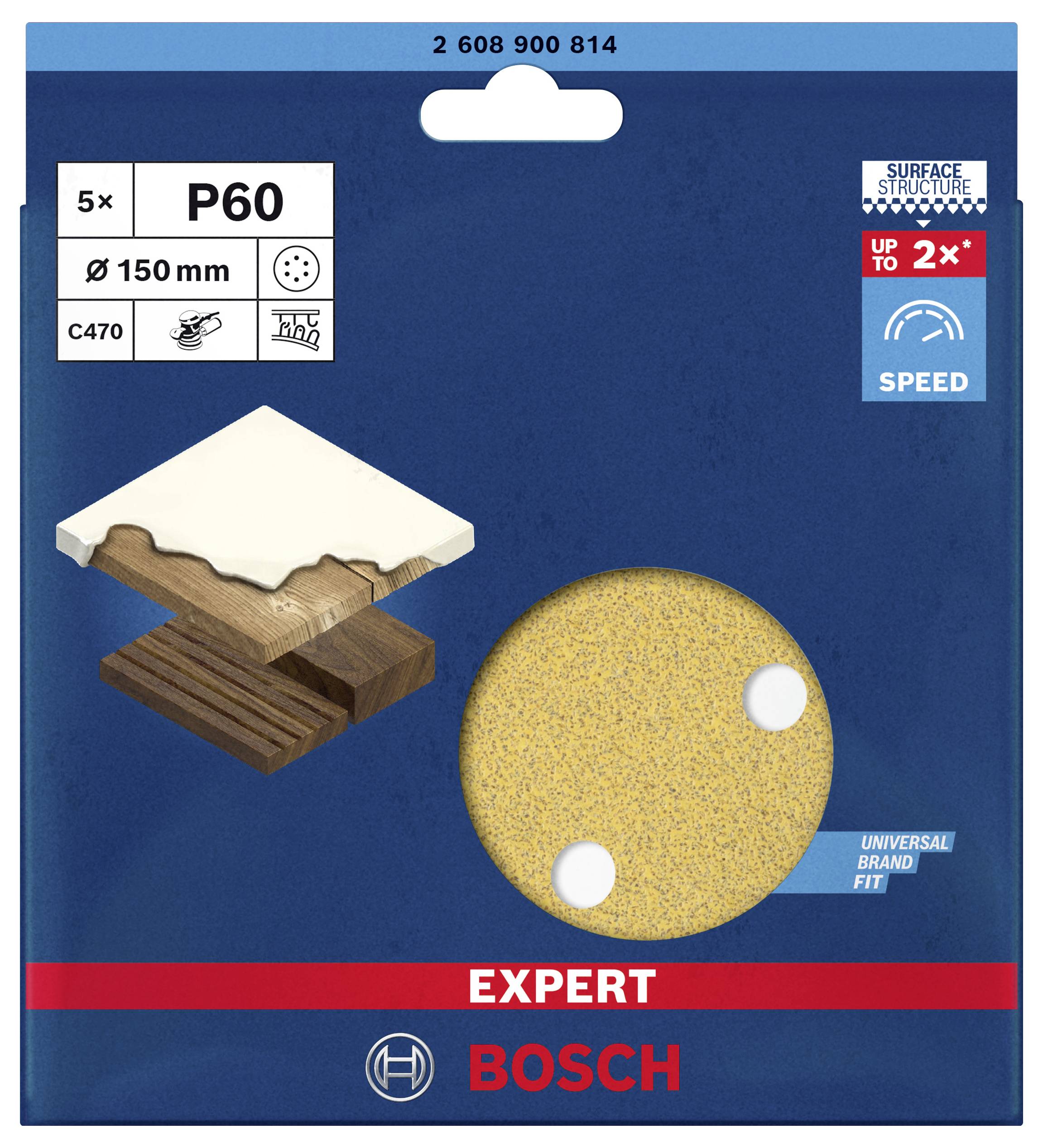 Verpackung für Bosch-Schleifpapier P60, geeignet für Holz und Farbe, Durchmesser 150 mm, 5 Stück, symbolisiert schnellere Schleifleistung.