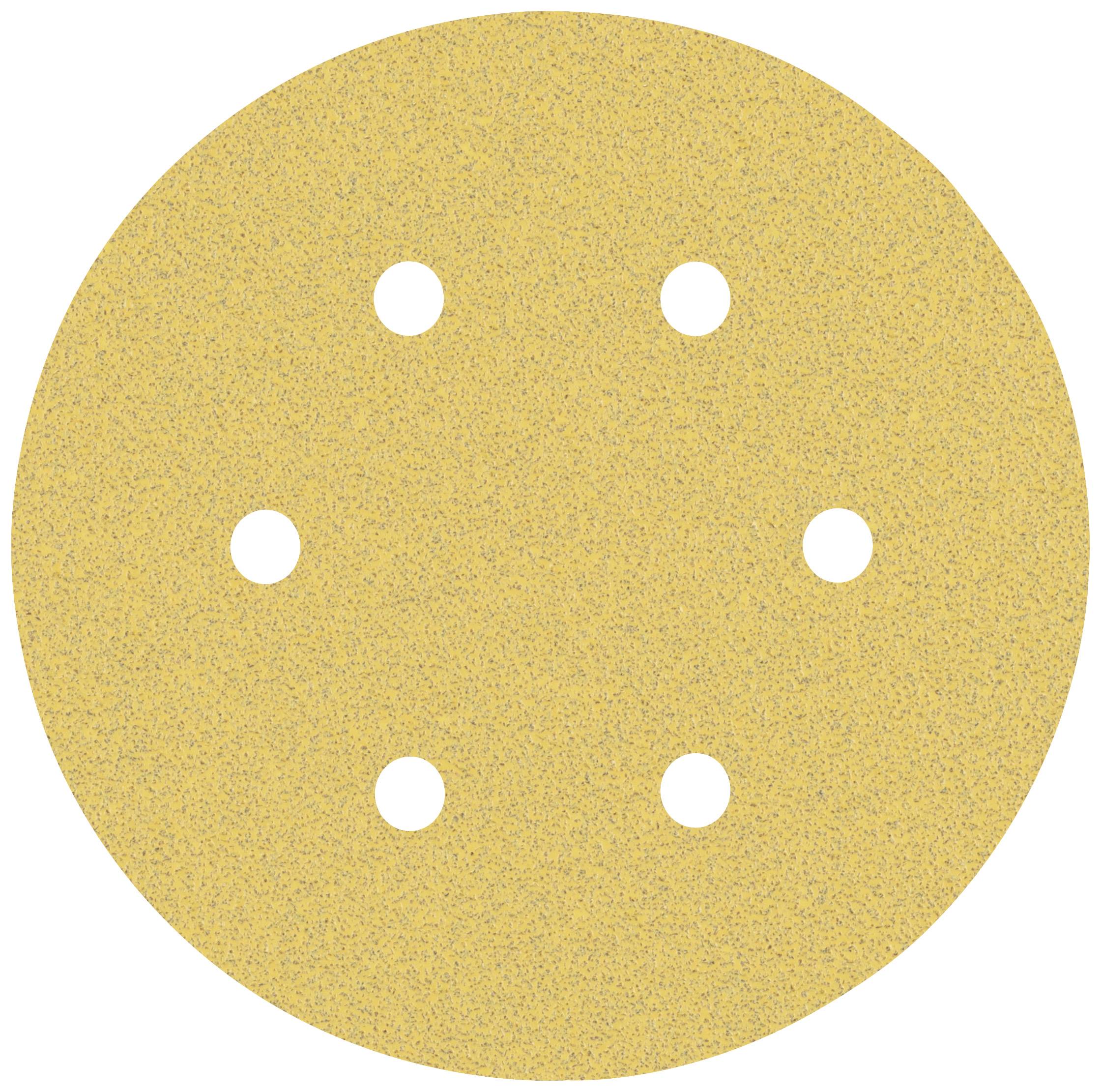 Ein gelber Schleifscheibenaufsatz mit sechs Löchern, verwendet für das Schleifen von Oberflächen.