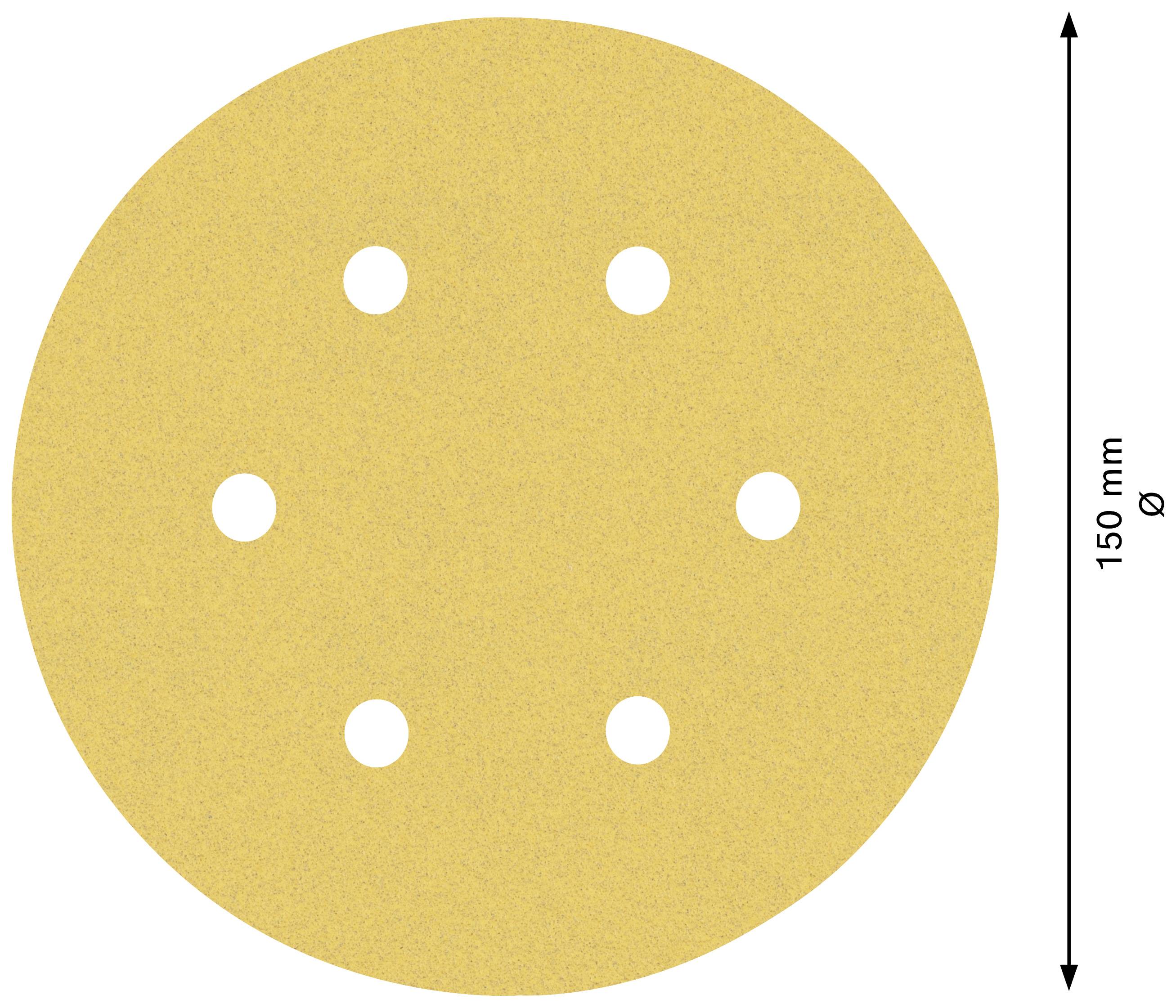 Kreisschleifscheibe aus gelbem Schleifpapier mit sechs Löchern, Durchmesser 150 mm.
